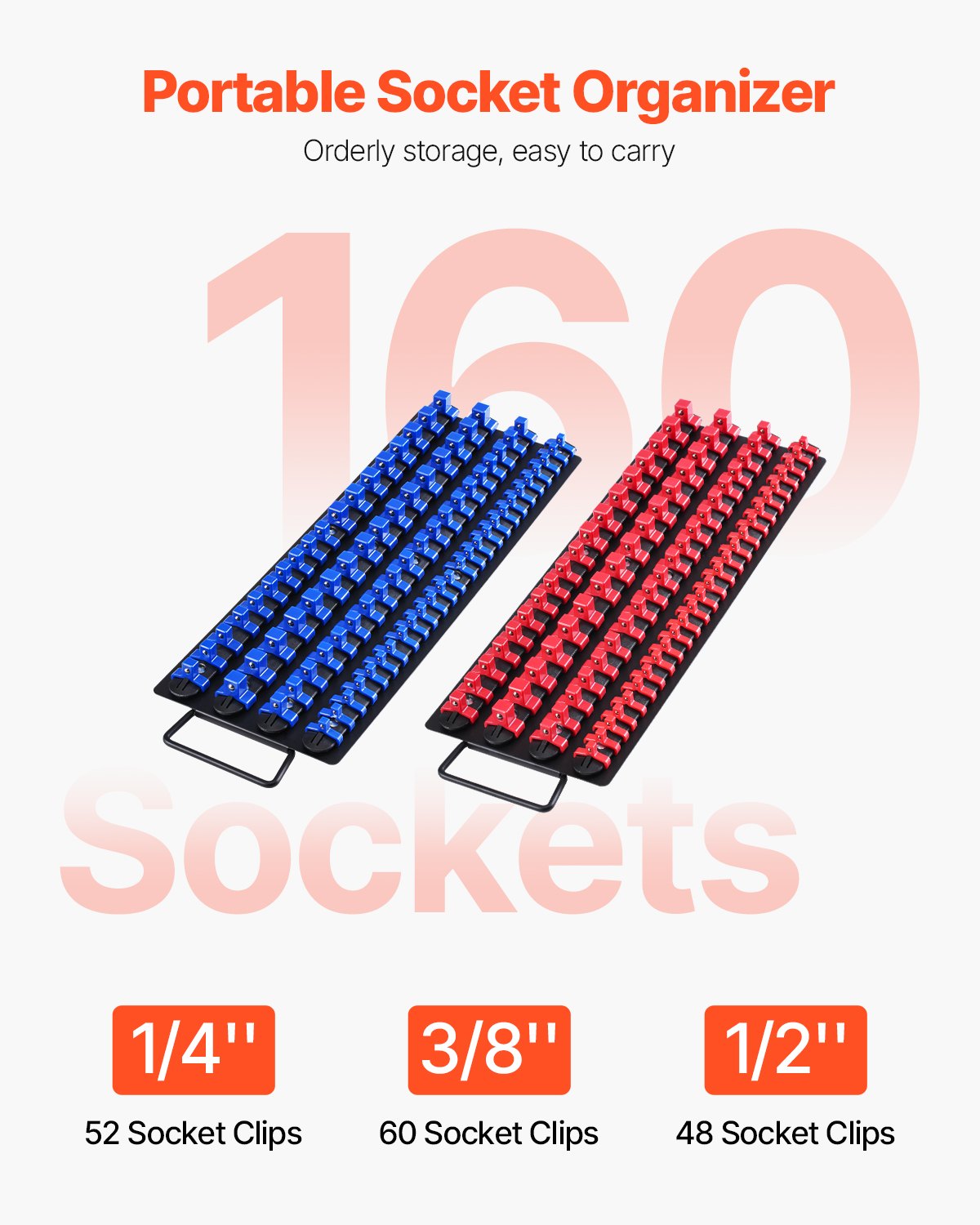 Portable Socket Organizer Tray, 2PCS Metric & SAE Socket Organizer Set Hold up to 160 Sockets, 1/4", 3/8" and 1/2" Heavy-Duty Socket Rail with Handle & Steel Base for Tool Box Drawer