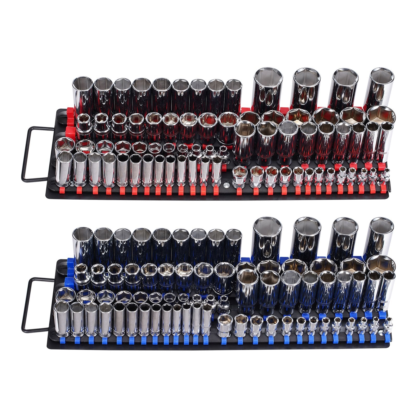 Portable Socket Organizer Tray, 2PCS Metric & SAE Socket Organizer Set Hold up to 160 Sockets, 1/4", 3/8" and 1/2" Heavy-Duty Socket Rail with Handle & Steel Base for Tool Box Drawer
