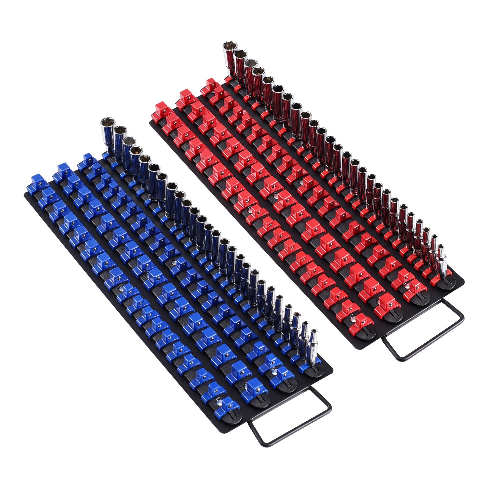 Portable Socket Organizer Tray, 2PCS Metric & SAE Socket Organizer Set Hold up to 160 Sockets, 1/4", 3/8" and 1/2" Heavy-Duty Socket Rail with Handle & Steel Base for Tool Box Drawer