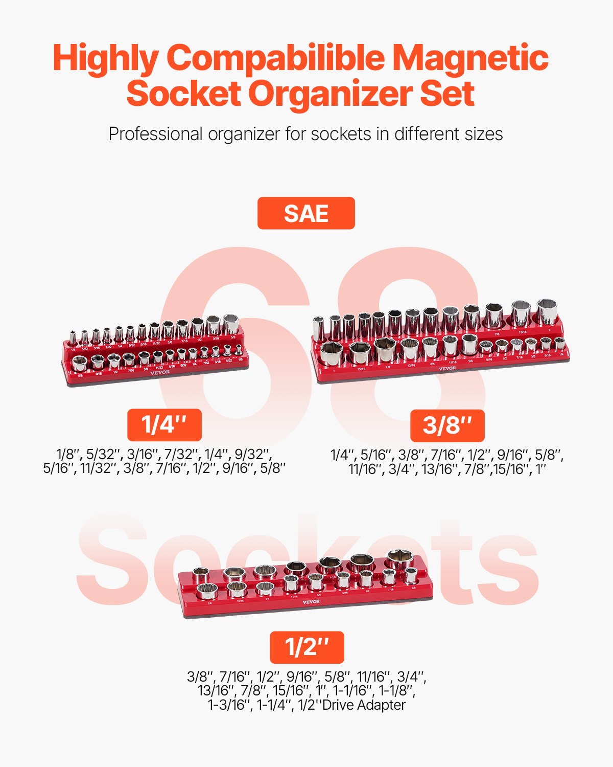 Magnetic Socket Organizer Set, 3PCS Magnetic Socket Holder, 1/4'', 3/8'' & 1/2'' SAE Socket Trays with Clear Labels, Hold up to 68PCS Standard & Deep Sockets, Red (Sockets Not Included)