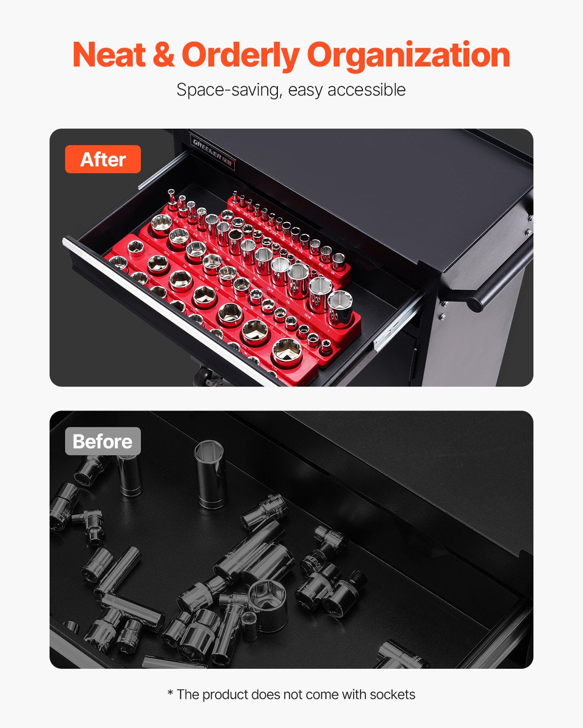 Magnetic Socket Organizer Set, 3PCS Magnetic Socket Holder, 1/4'', 3/8'' & 1/2'' SAE Socket Trays with Clear Labels, Hold up to 68PCS Standard & Deep Sockets, Red (Sockets Not Included)