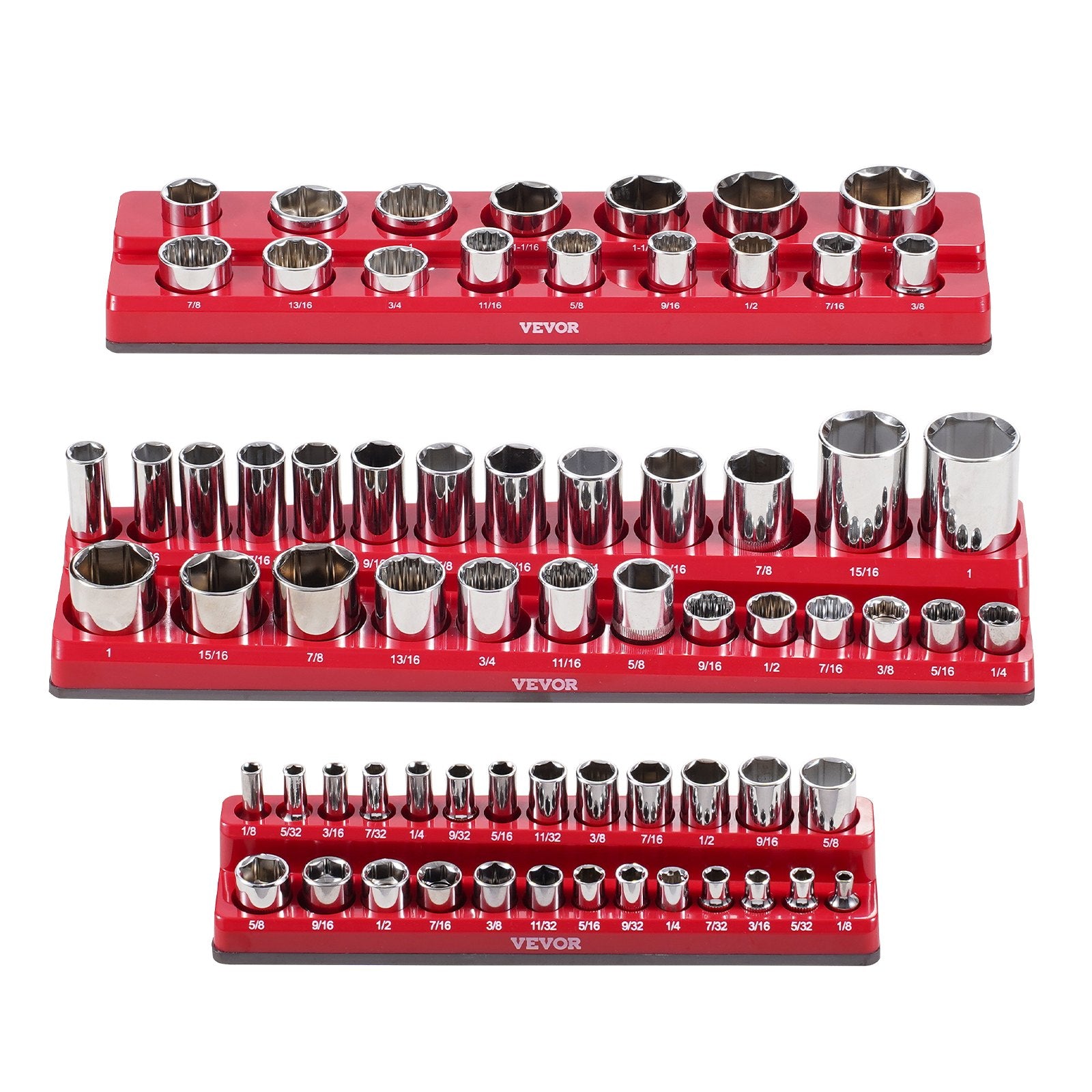 Magnetic Socket Organizer Set, 3PCS Magnetic Socket Holder, 1/4'', 3/8'' & 1/2'' SAE Socket Trays with Clear Labels, Hold up to 68PCS Standard & Deep Sockets, Red (Sockets Not Included)