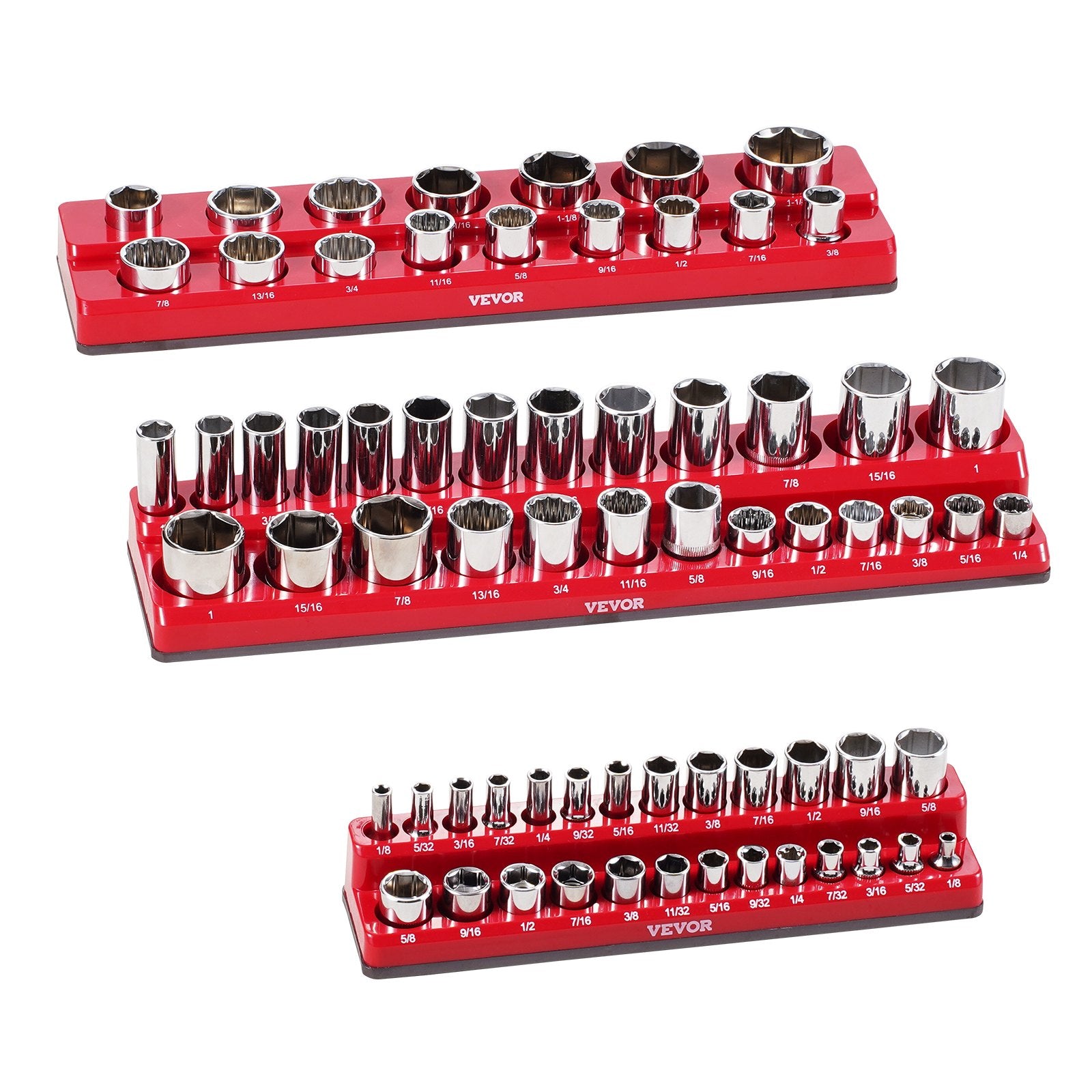 Magnetic Socket Organizer Set, 3PCS Magnetic Socket Holder, 1/4'', 3/8'' & 1/2'' SAE Socket Trays with Clear Labels, Hold up to 68PCS Standard & Deep Sockets, Red (Sockets Not Included)