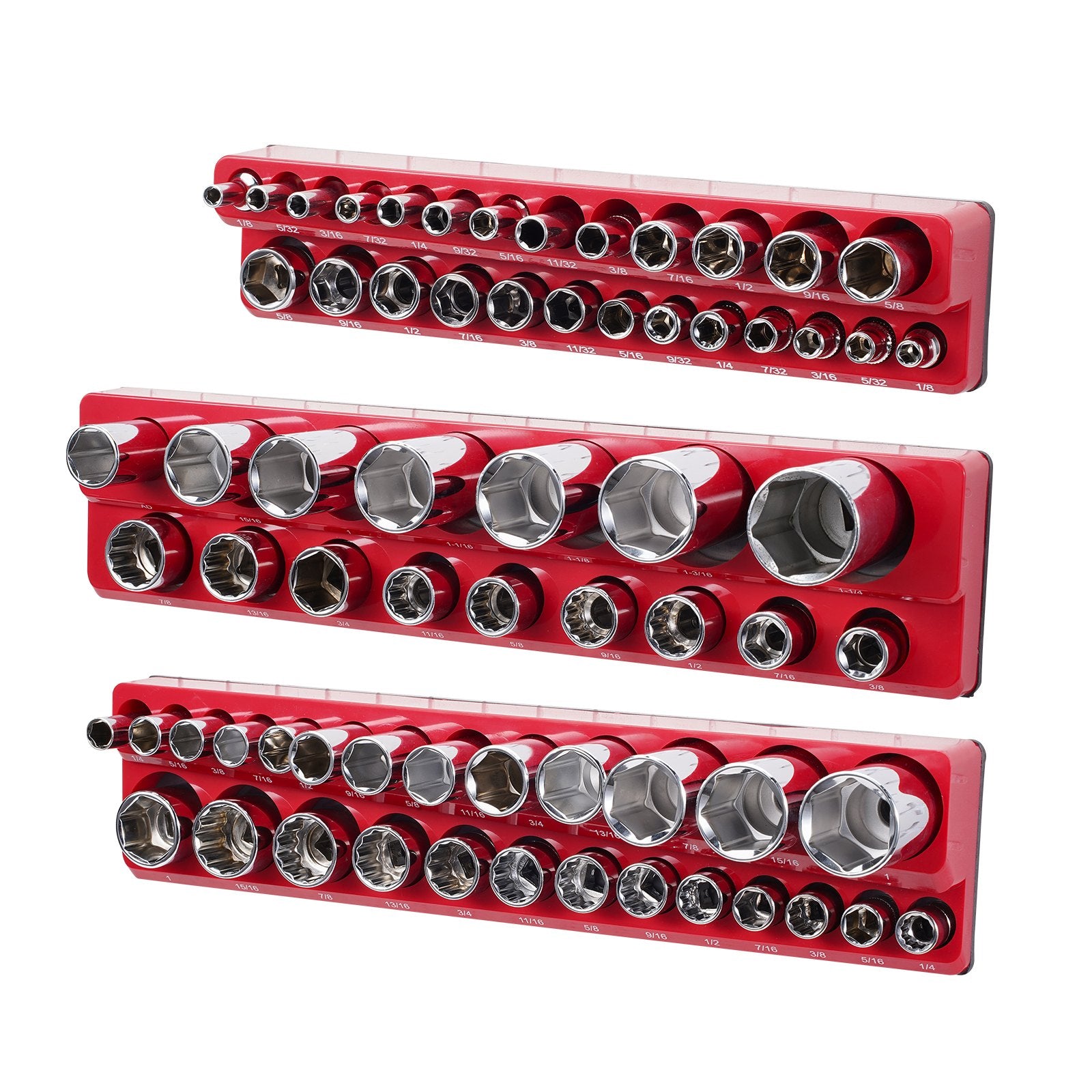 Magnetic Socket Organizer Set, 3PCS Magnetic Socket Holder, 1/4'', 3/8'' & 1/2'' SAE Socket Trays with Clear Labels, Hold up to 68PCS Standard & Deep Sockets, Red (Sockets Not Included)