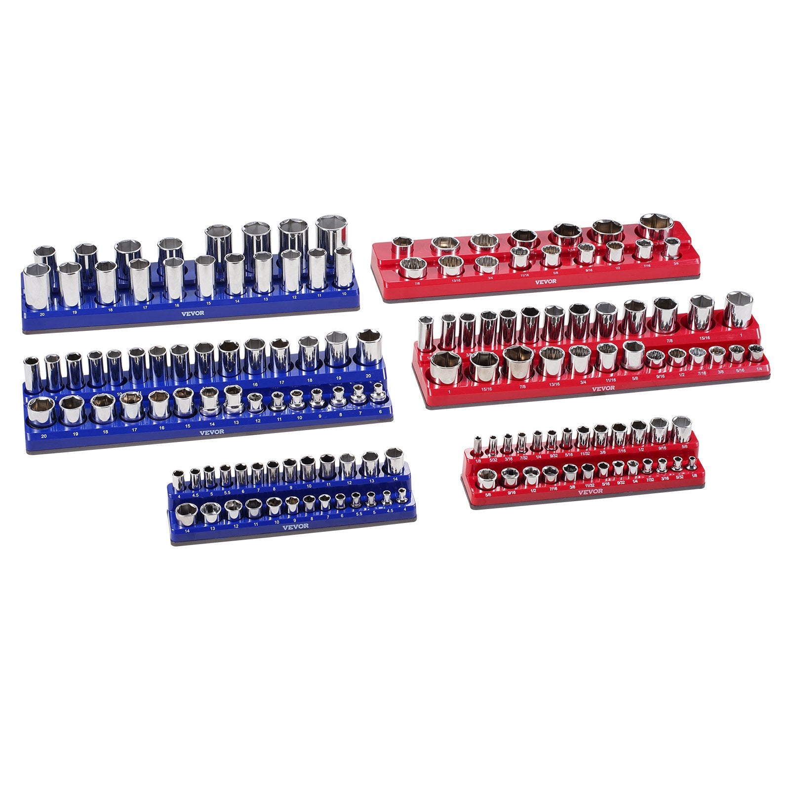 Tool Sockets: VEVOR Magnetic Socket Organizer Set, 6PCS Socket Holder, 1/4'', 3/8'' & 1/2'' Metric SAE Socket Trays with Clear Labels, Hold up to 143PCS Standard & Deep Sockets, Blue & Red (Sockets Not Included)