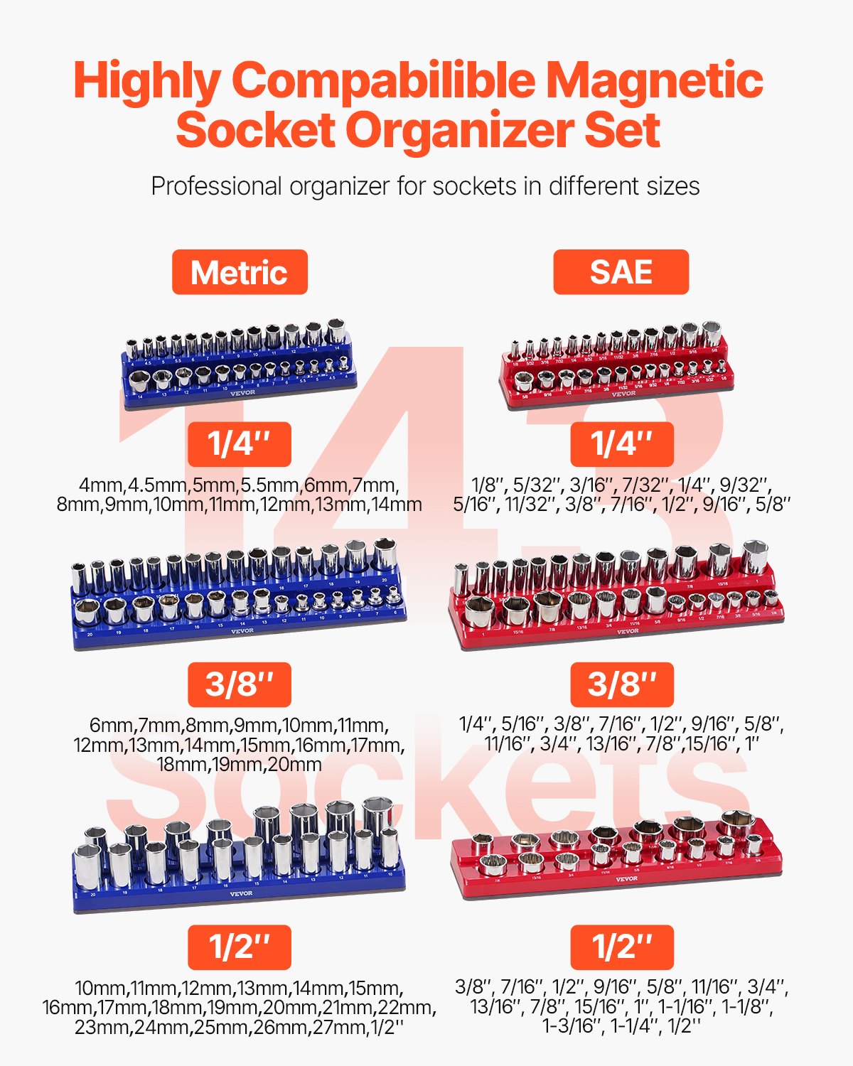 Tool Sockets: VEVOR Magnetic Socket Organizer Set, 6PCS Socket Holder, 1/4'', 3/8'' & 1/2'' Metric SAE Socket Trays with Clear Labels, Hold up to 143PCS Standard & Deep Sockets, Blue & Red (Sockets Not Included)