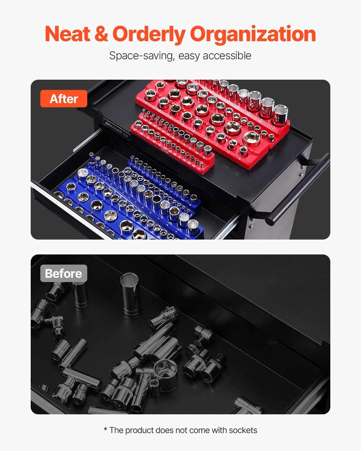 Tool Sockets: VEVOR Magnetic Socket Organizer Set, 6PCS Socket Holder, 1/4'', 3/8'' & 1/2'' Metric SAE Socket Trays with Clear Labels, Hold up to 143PCS Standard & Deep Sockets, Blue & Red (Sockets Not Included)