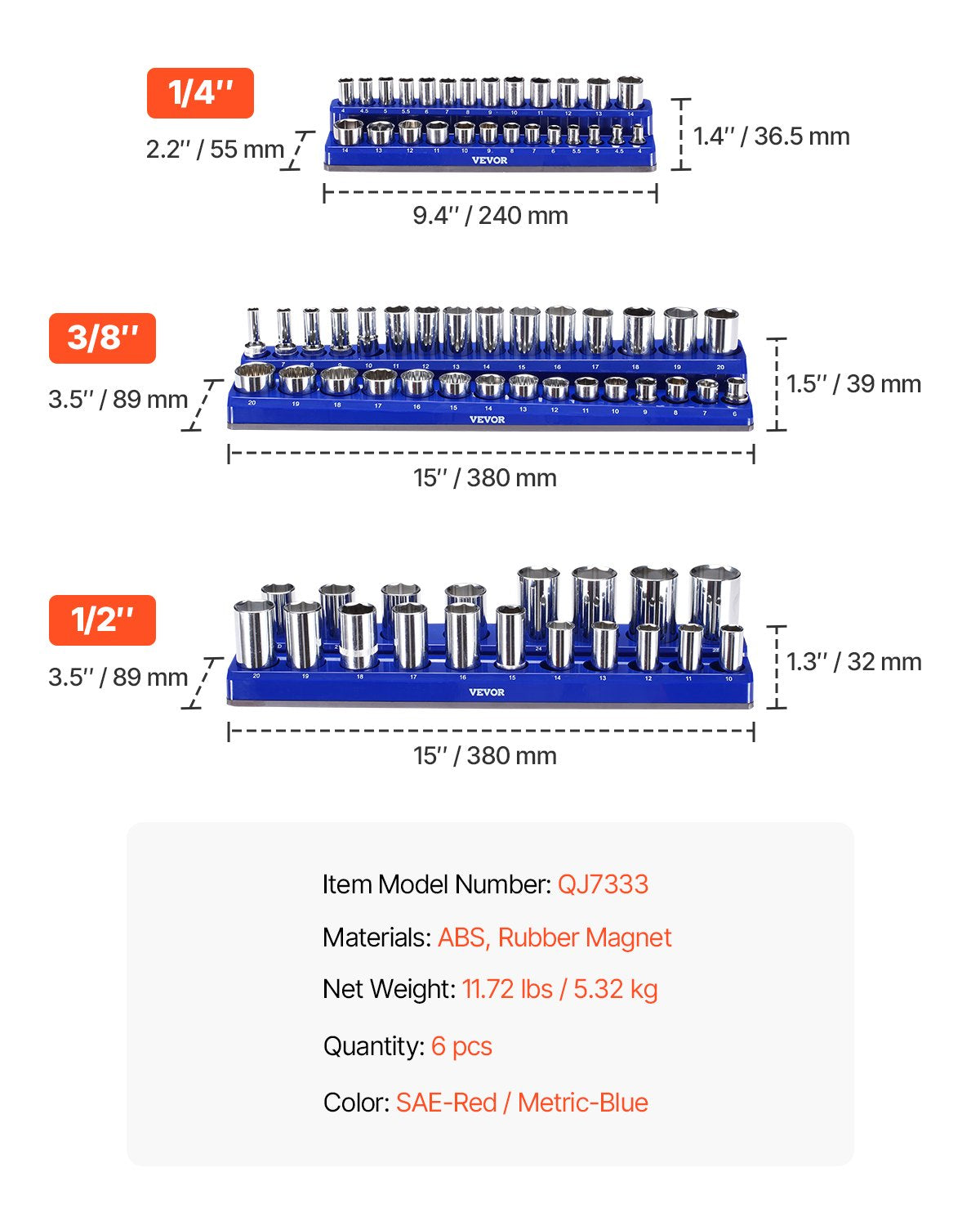 Tool Sockets: VEVOR Magnetic Socket Organizer Set, 6PCS Socket Holder, 1/4'', 3/8'' & 1/2'' Metric SAE Socket Trays with Clear Labels, Hold up to 143PCS Standard & Deep Sockets, Blue & Red (Sockets Not Included)