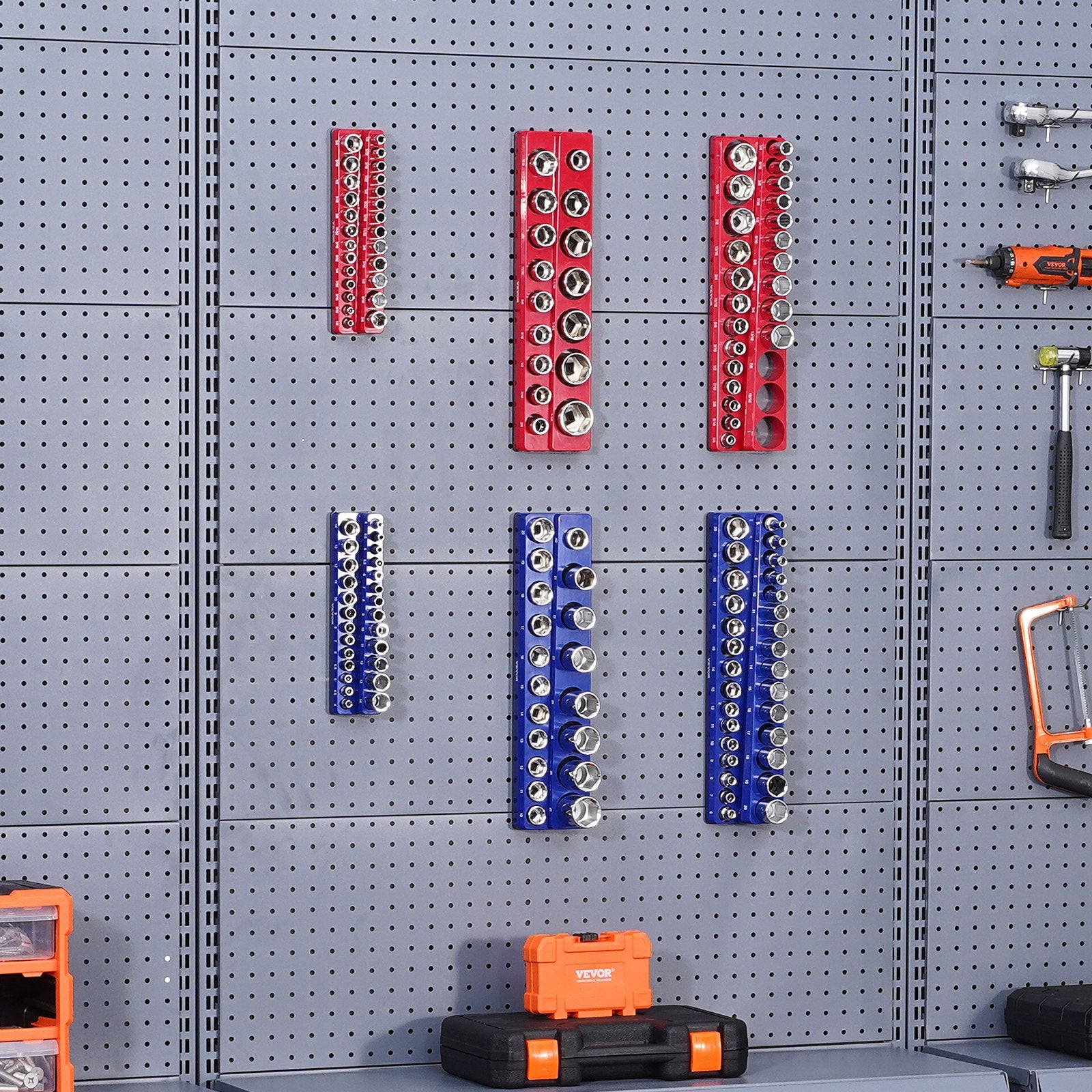 Tool Sockets: VEVOR Magnetic Socket Organizer Set, 6PCS Socket Holder, 1/4'', 3/8'' & 1/2'' Metric SAE Socket Trays with Clear Labels, Hold up to 143PCS Standard & Deep Sockets, Blue & Red (Sockets Not Included)