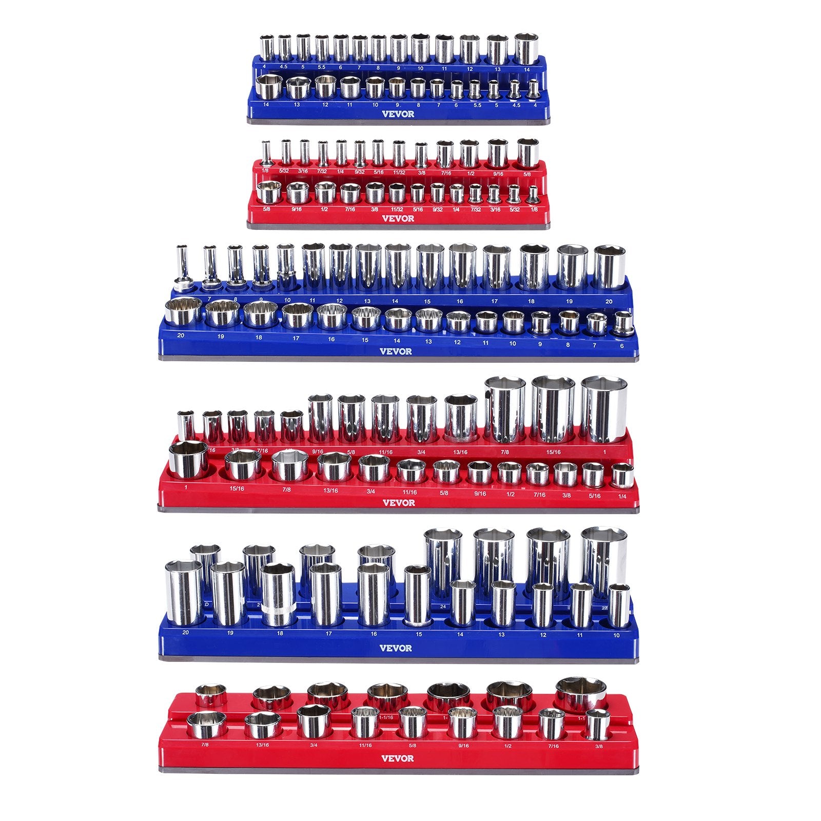Tool Sockets: VEVOR Magnetic Socket Organizer Set, 6PCS Socket Holder, 1/4'', 3/8'' & 1/2'' Metric SAE Socket Trays with Clear Labels, Hold up to 143PCS Standard & Deep Sockets, Blue & Red (Sockets Not Included)