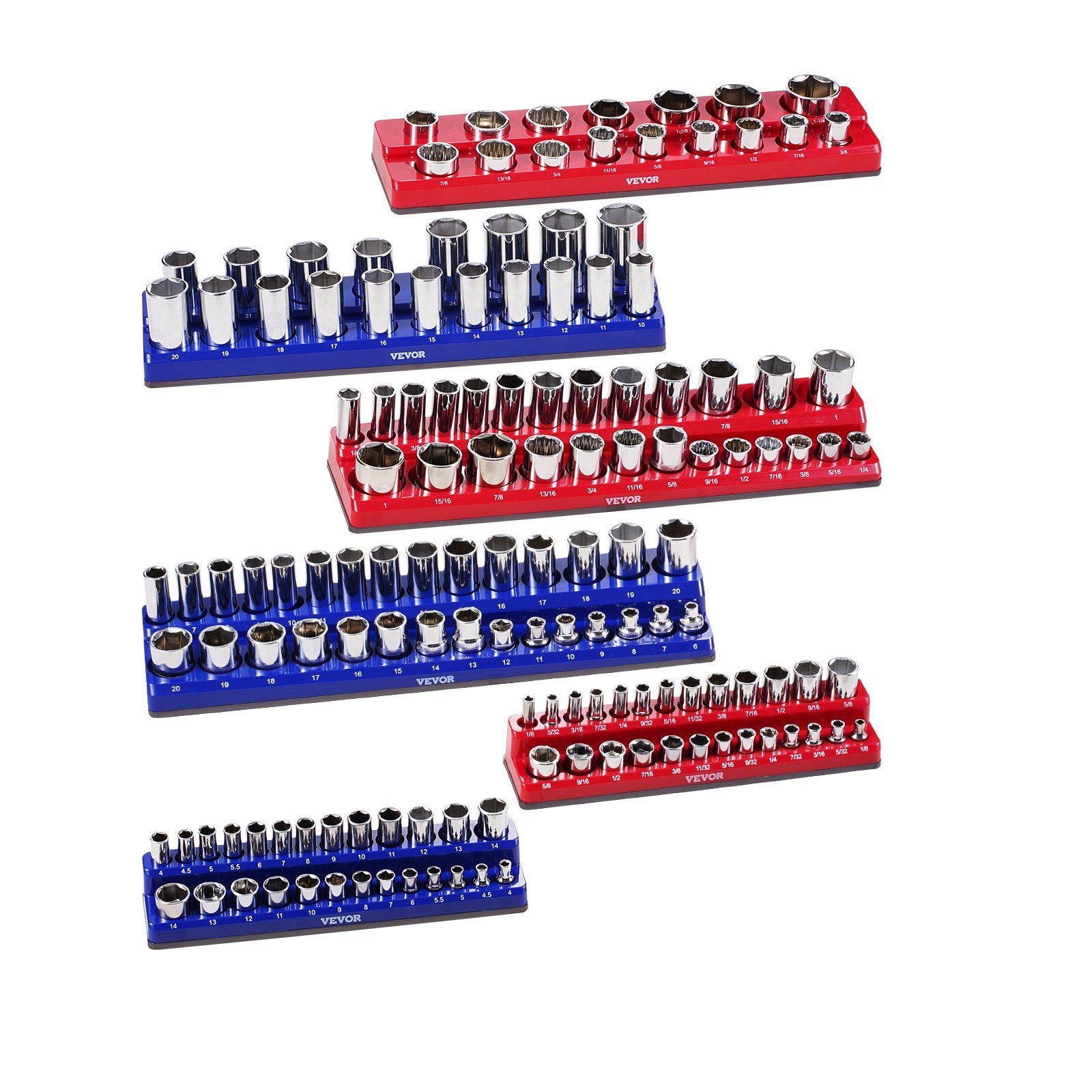 Tool Sockets: VEVOR Magnetic Socket Organizer Set, 6PCS Socket Holder, 1/4'', 3/8'' & 1/2'' Metric SAE Socket Trays with Clear Labels, Hold up to 143PCS Standard & Deep Sockets, Blue & Red (Sockets Not Included)
