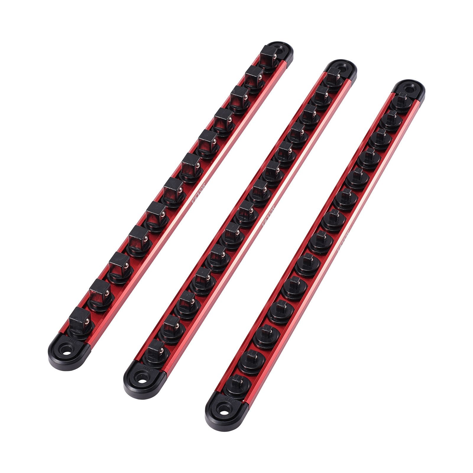 Socket Organizer Rail Set, 3PCS Metric & SAE Aluminum Socket Organizers, 1/4'', 3/8'' & 1/2'' Heavy-Duty Socket Holder with 360° Rotating Clips for Tool Box, Hold up to 40 Sockets, Red & Black