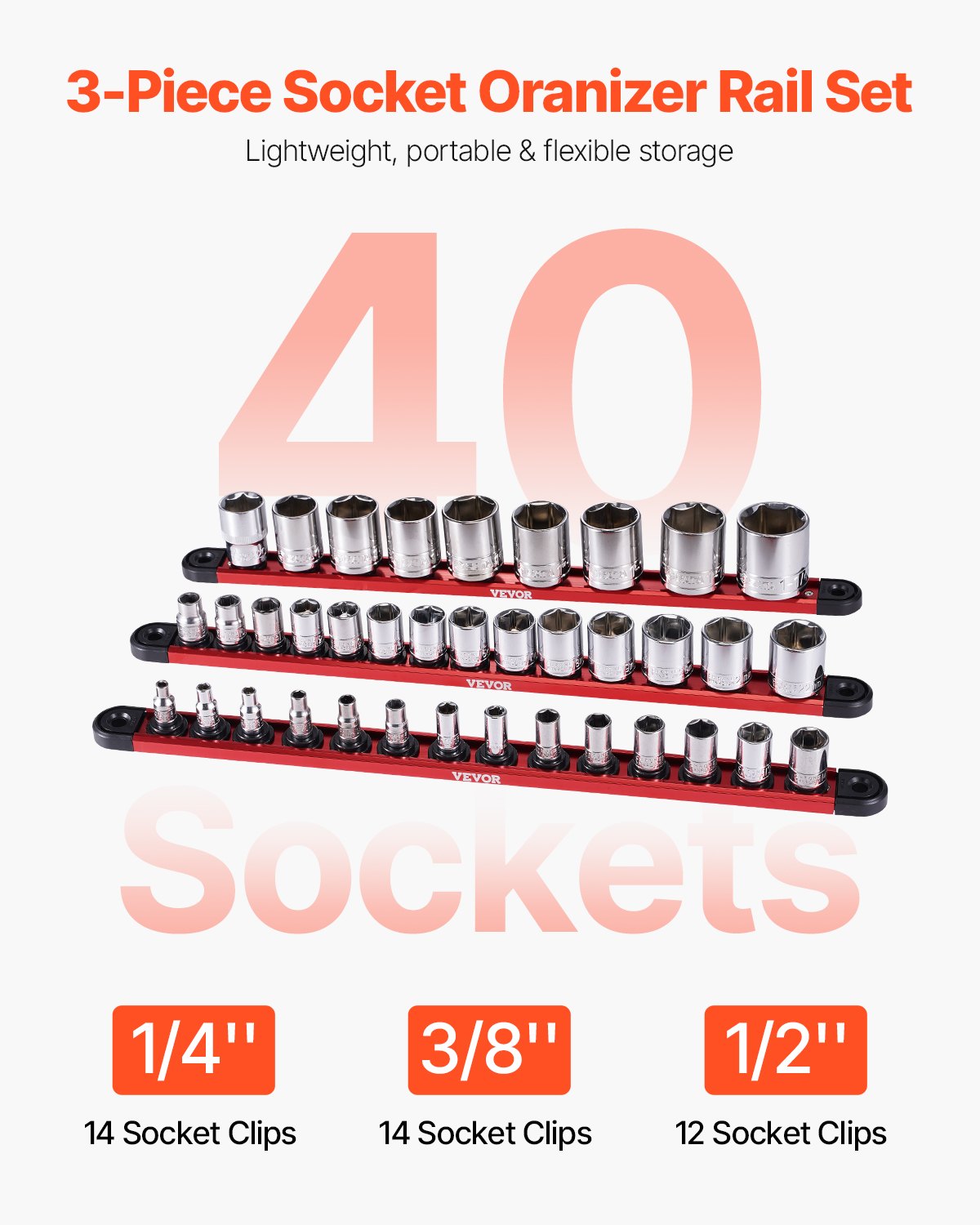 Socket Organizer Rail Set, 3PCS Metric & SAE Aluminum Socket Organizers, 1/4'', 3/8'' & 1/2'' Heavy-Duty Socket Holder with 360° Rotating Clips for Tool Box, Hold up to 40 Sockets, Red & Black