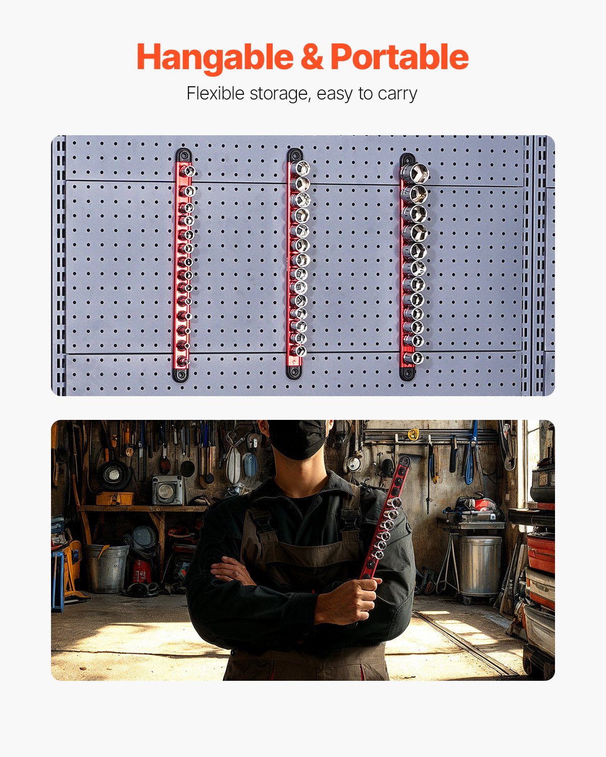 Socket Organizer Rail Set, 3PCS Metric & SAE Aluminum Socket Organizers, 1/4'', 3/8'' & 1/2'' Heavy-Duty Socket Holder with 360° Rotating Clips for Tool Box, Hold up to 40 Sockets, Red & Black