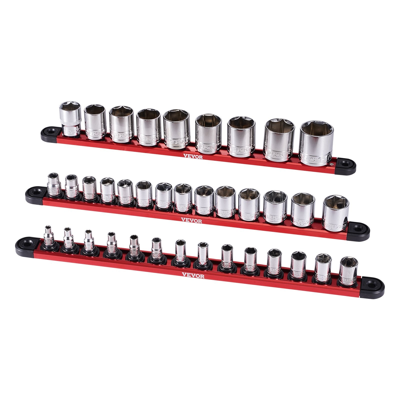 Socket Organizer Rail Set, 3PCS Metric & SAE Aluminum Socket Organizers, 1/4'', 3/8'' & 1/2'' Heavy-Duty Socket Holder with 360° Rotating Clips for Tool Box, Hold up to 40 Sockets, Red & Black