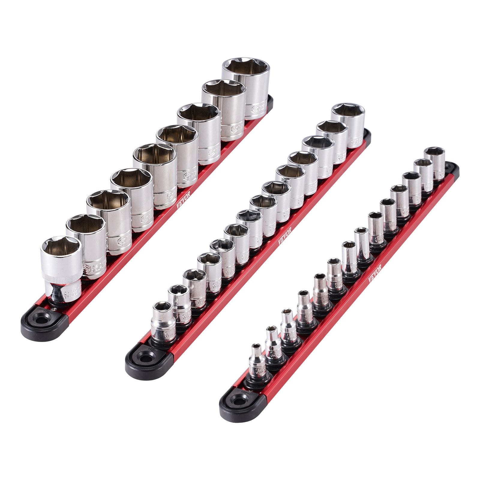 Socket Organizer Rail Set, 3PCS Metric & SAE Aluminum Socket Organizers, 1/4'', 3/8'' & 1/2'' Heavy-Duty Socket Holder with 360° Rotating Clips for Tool Box, Hold up to 40 Sockets, Red & Black