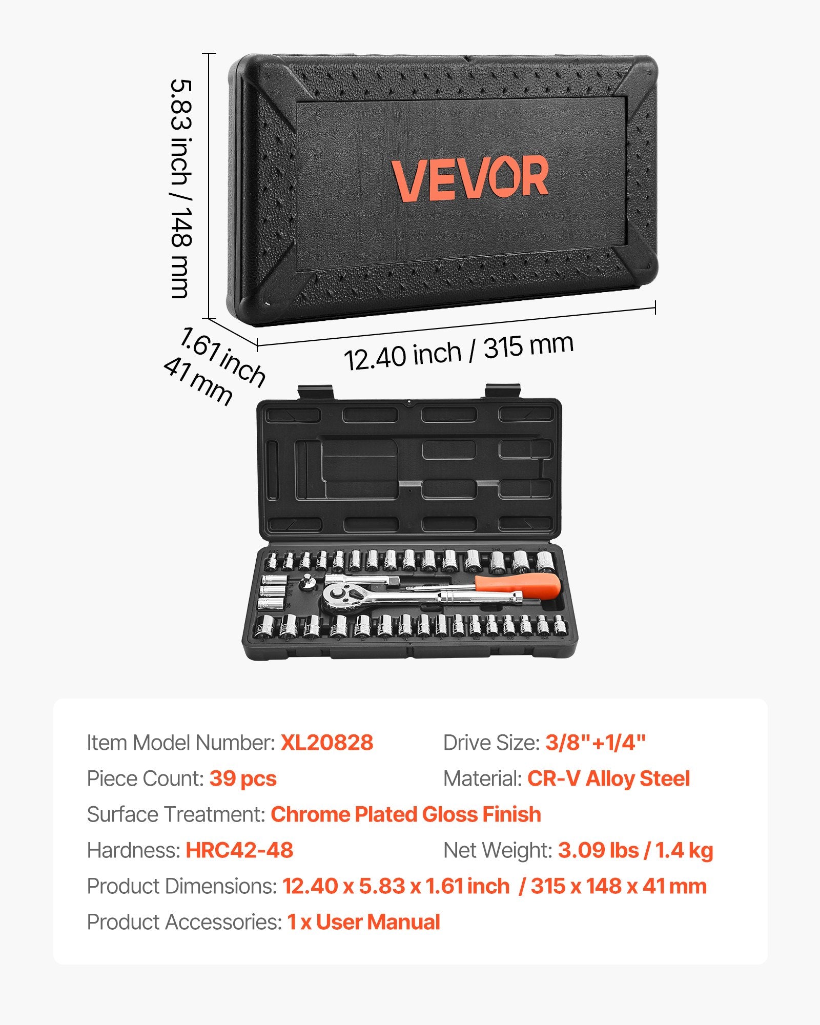 Automotive Repair & Speciality Tools: VEVOR Socket Set, 39 Pieces, 9.5 & 6.4 mm Drive Socket and Ratchet Set, SAE and Metric Size, Mechanic Tool Kit with Ratchet Wrench, Accessories, Storage Case, CR-V Alloy Steel, for Automotive Repair