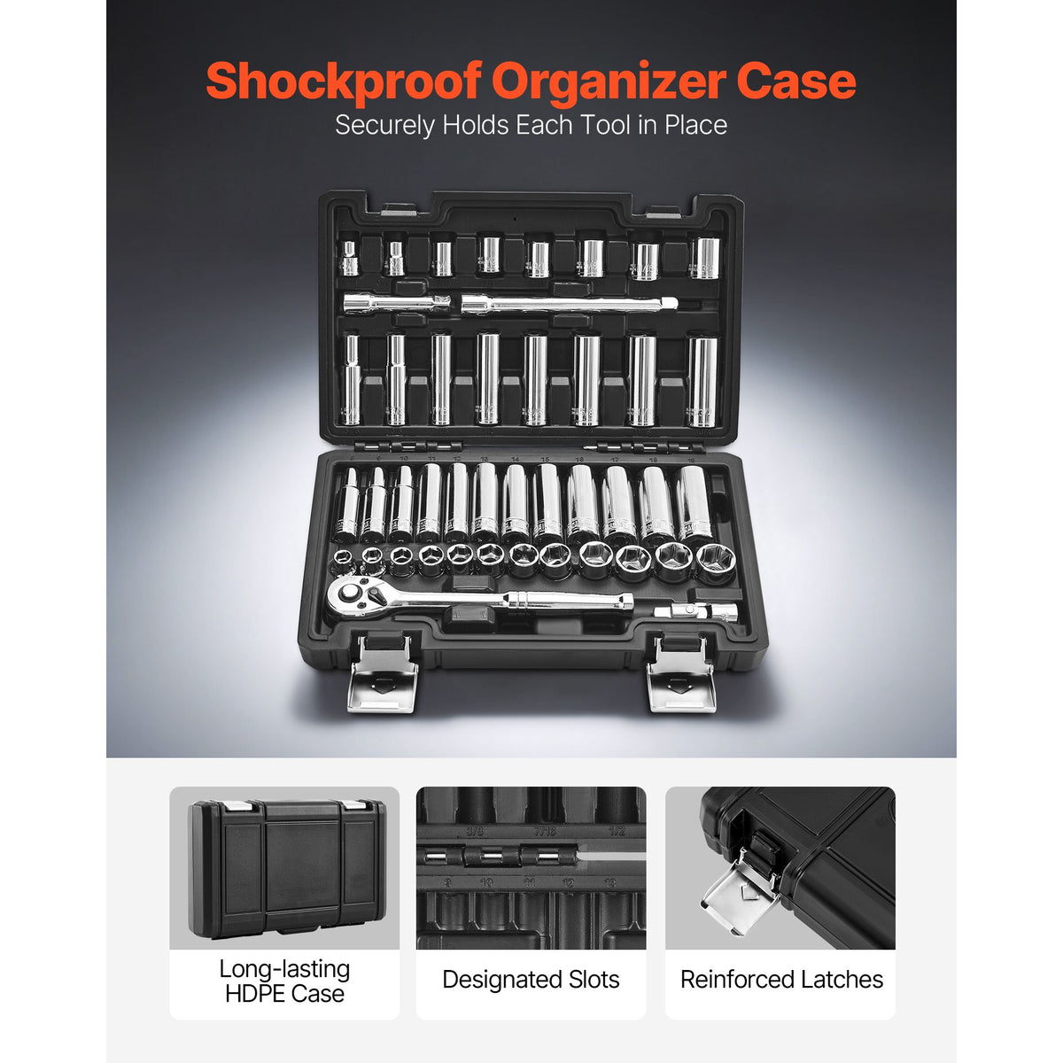 Socket Set, 44 Pieces, 9.5 mm Drive Socket and Ratchet Set, SAE and Metric, Deep and Shallow, Mechanic Tool Kit with Accessories and Storage Case, CR-V Alloy Steel, for Automotive Repair