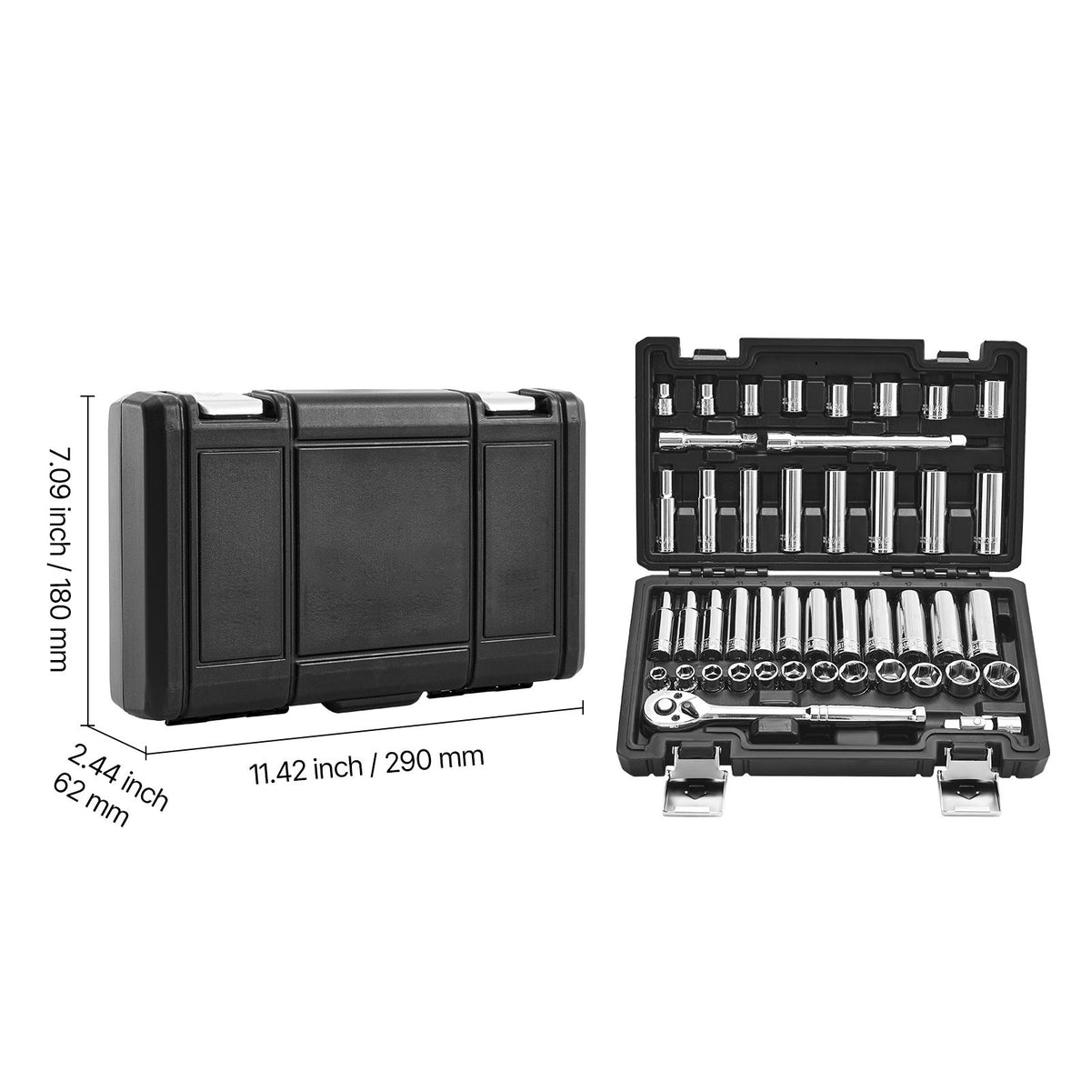 Socket Set, 44 Pieces, 9.5 mm Drive Socket and Ratchet Set, SAE and Metric, Deep and Shallow, Mechanic Tool Kit with Accessories and Storage Case, CR-V Alloy Steel, for Automotive Repair