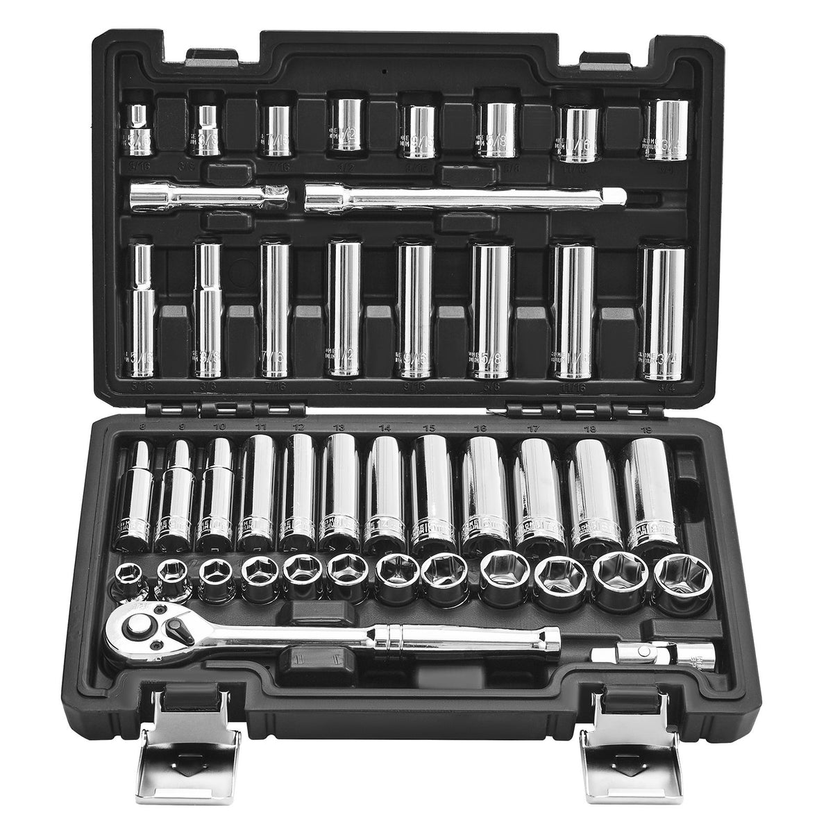 Socket Set, 44 Pieces, 9.5 mm Drive Socket and Ratchet Set, SAE and Metric, Deep and Shallow, Mechanic Tool Kit with Accessories and Storage Case, CR-V Alloy Steel, for Automotive Repair