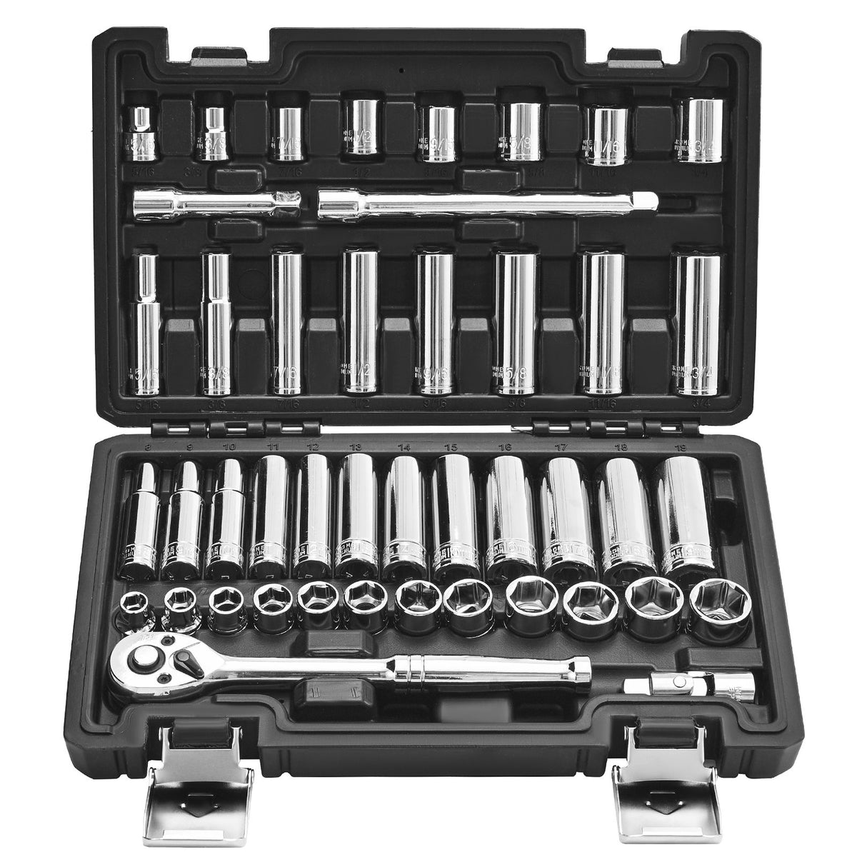 Socket Set, 44 Pieces, 9.5 mm Drive Socket and Ratchet Set, SAE and Metric, Deep and Shallow, Mechanic Tool Kit with Accessories and Storage Case, CR-V Alloy Steel, for Automotive Repair