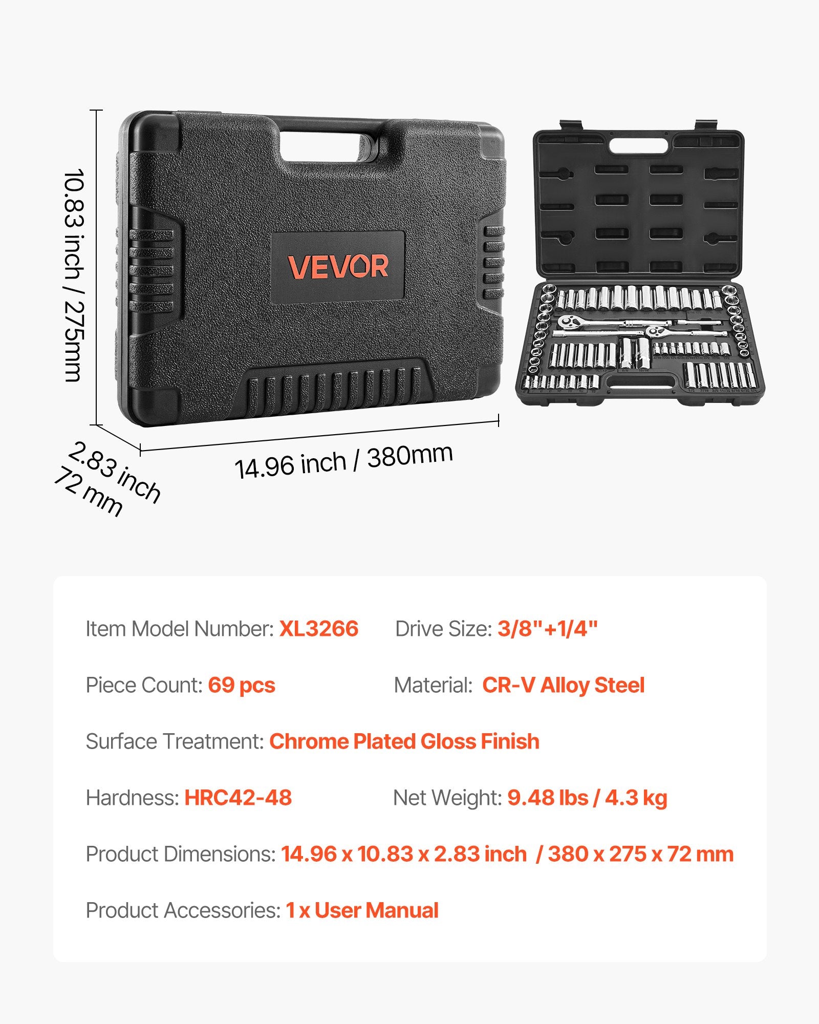 Cat Scratchers: VEVOR Socket Set, 69 Pieces, 9.5 & 6.4 mm Drive Socket and Ratchet Set, SAE and Metric, Deep and Standard, Mechanic Tool Kit with Accessories and Storage Case, CR-V Alloy Steel, for Auto Repair