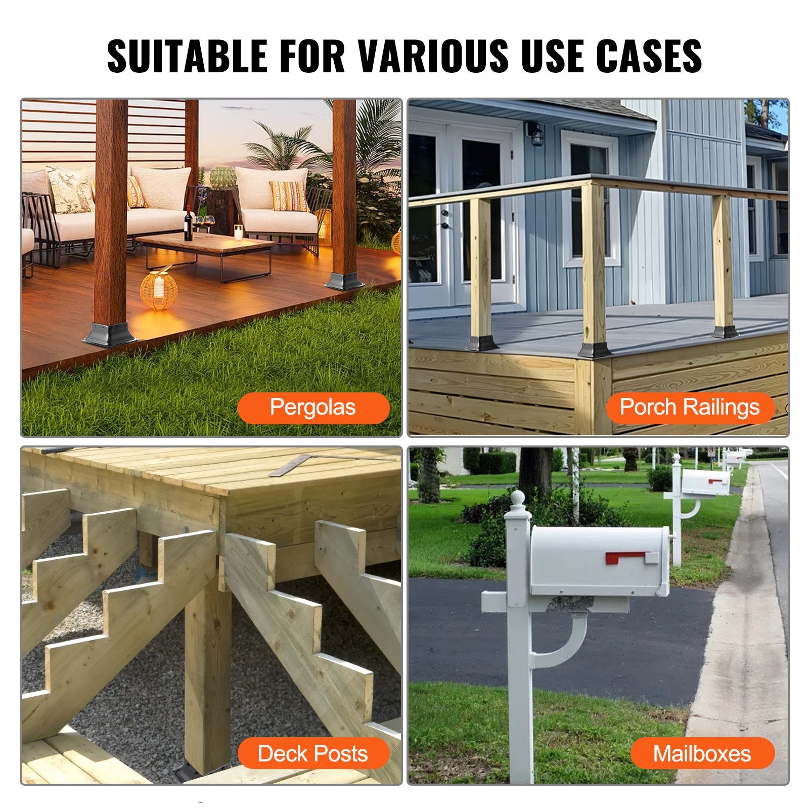Canopies & Gazebos: VEVOR 101.6x101.6mm Post Base 10Pcs, Internal 91x91mm Heavy Duty Powder-Coated Steel Post Bracket Fit for Standard Wood Post Anchor, Decking Post Base for Deck Porch Handrail Railing Support