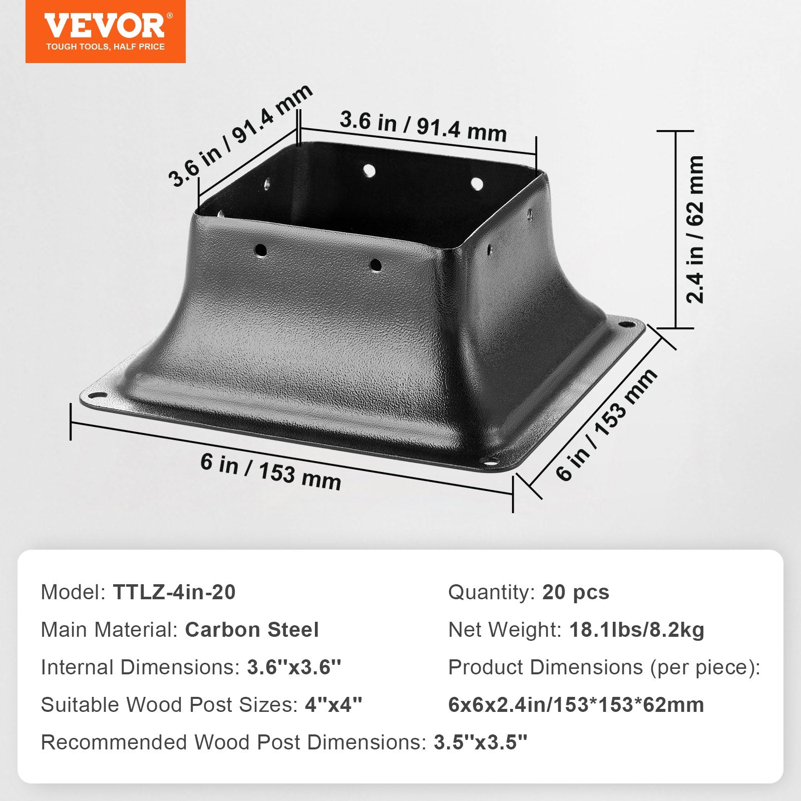 Canopies & Gazebos: VEVOR 101.6x101.6mm Post Base 20Pcs, Internal 91x91mm Heavy Duty Powder-Coated Steel Post Bracket Fit for Standard Wood Post Anchor, Decking Post Base for Deck Porch Handrail Railing Support