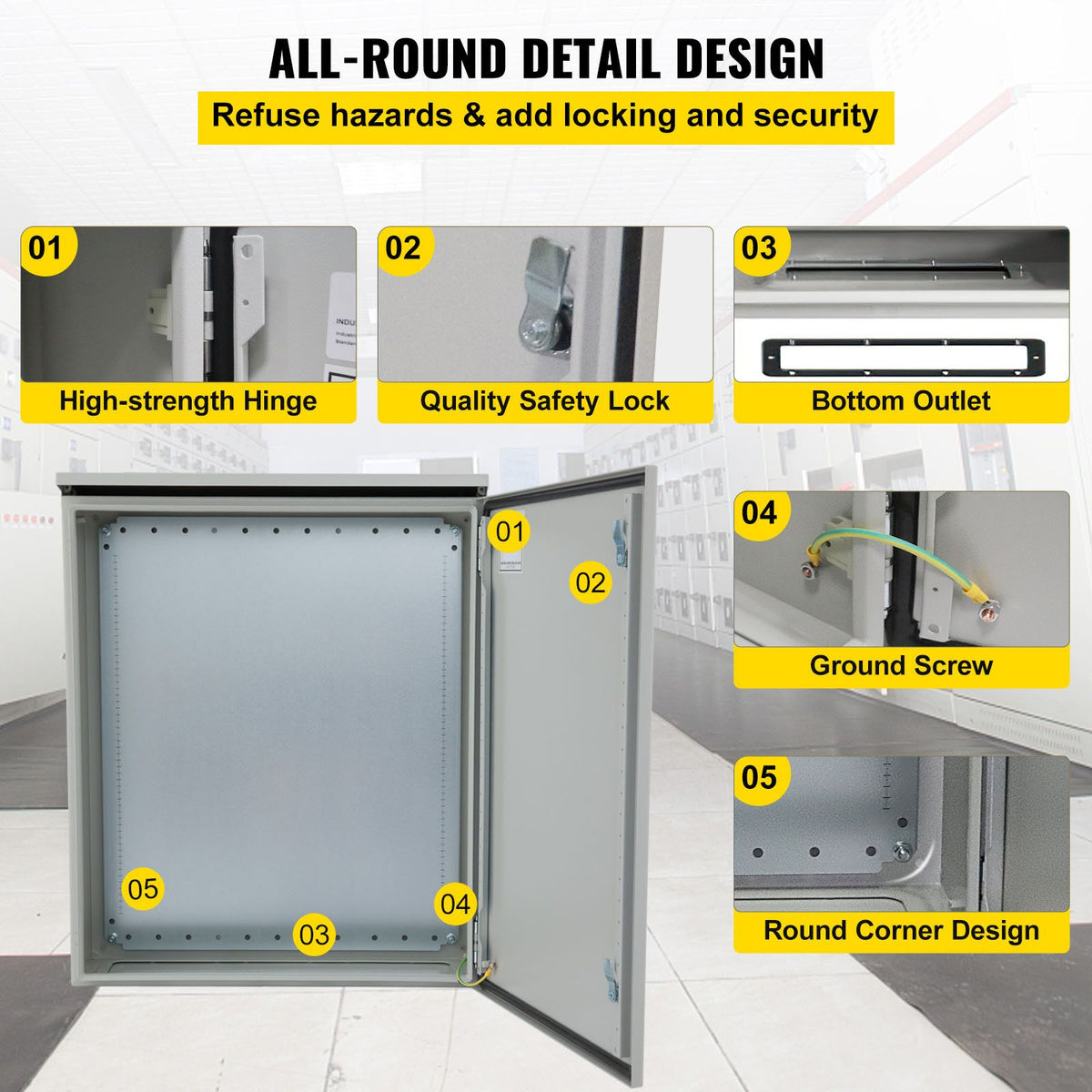 Electrical Enclosure, 24\'\' x 24\'\' x 8\'\', UL Certified NEMA 4 Outdoor Enclosure, IP65 Waterproof & Dustproof Cold-Rolled Carbon Steel Hinged Junction Box for Outdoor Indoor Use, with Rain H