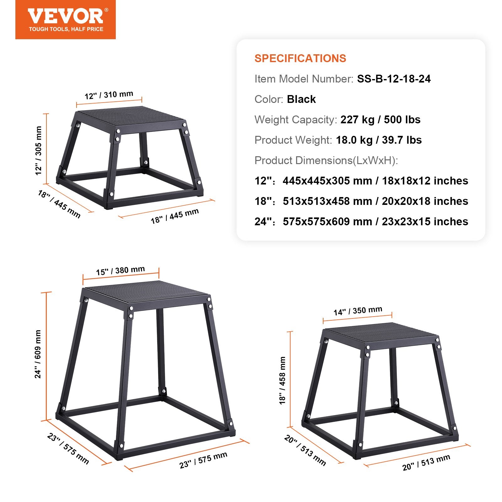 Plyometric Jump Boxes, 12/18/24 Inch Plyo Box, Platform and Jumping Agility Box, Anti-Slip Fitness Exercise Step Up Box Set for Home Gym Training, Conditioning Strength Training, Black