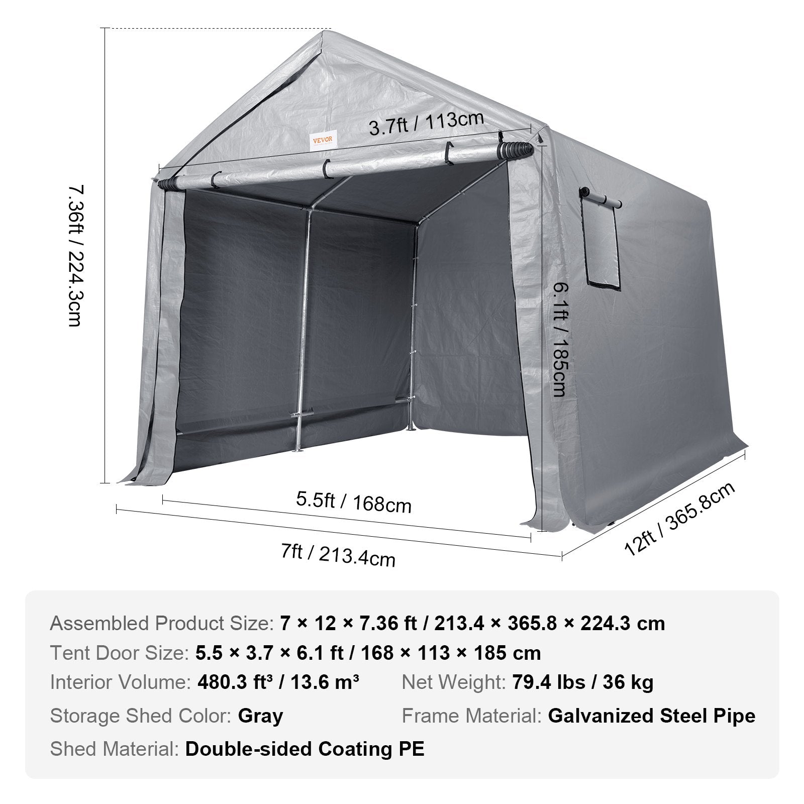 Sheds: VEVOR Protable Stotage Shelter Garage Stotage Shed 7 x 12 x 7.36ft & Zipper Door