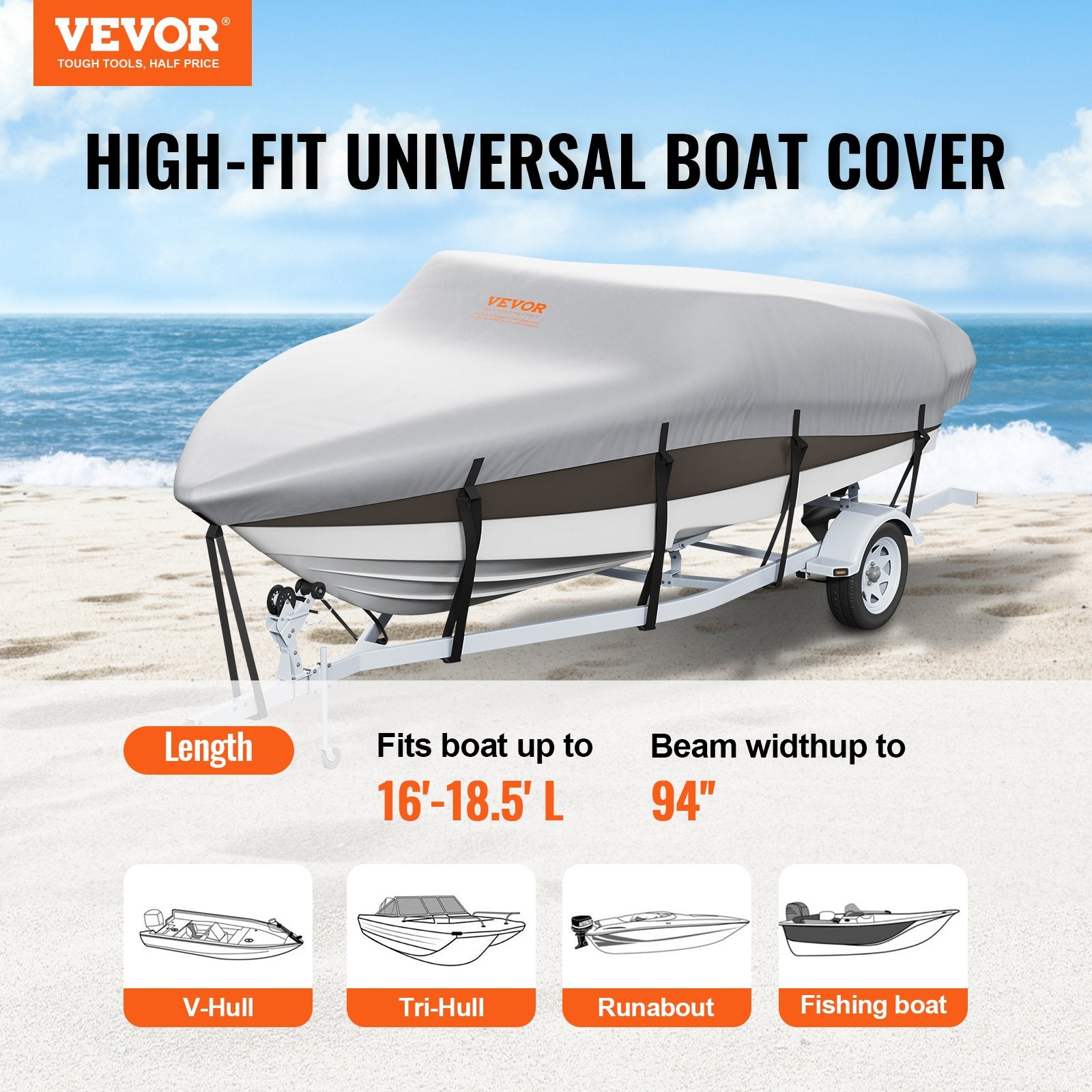 Boating Accessories: VEVOR Boat Cover 600D Waterproof 16-18.5 ft Boat Cover V-Hull Tri-Hull Runabout