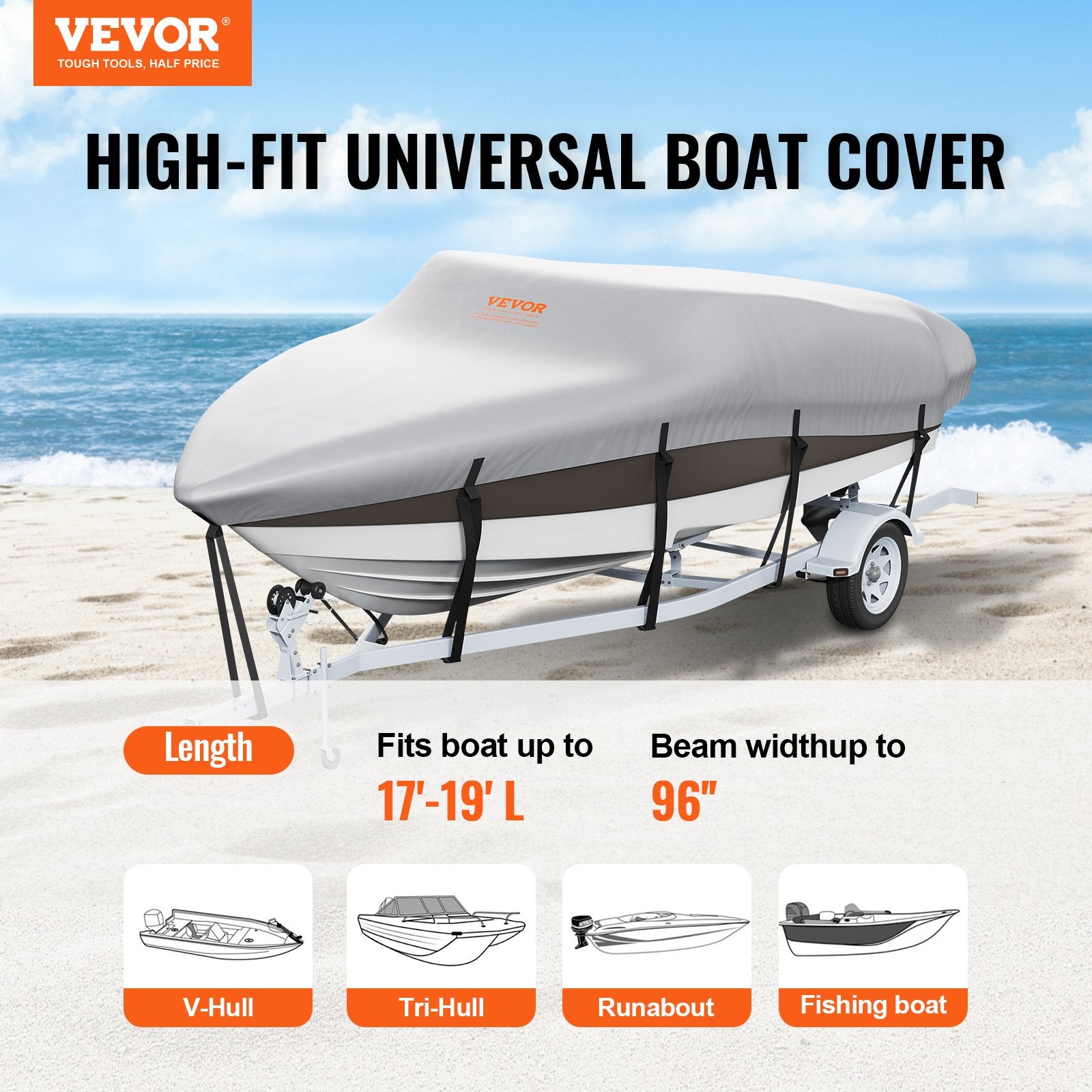 Boating Accessories: VEVOR Boat Cover 600D Waterproof 17-19 ft Boat Cover V-Hull Tri-Hull Runabout