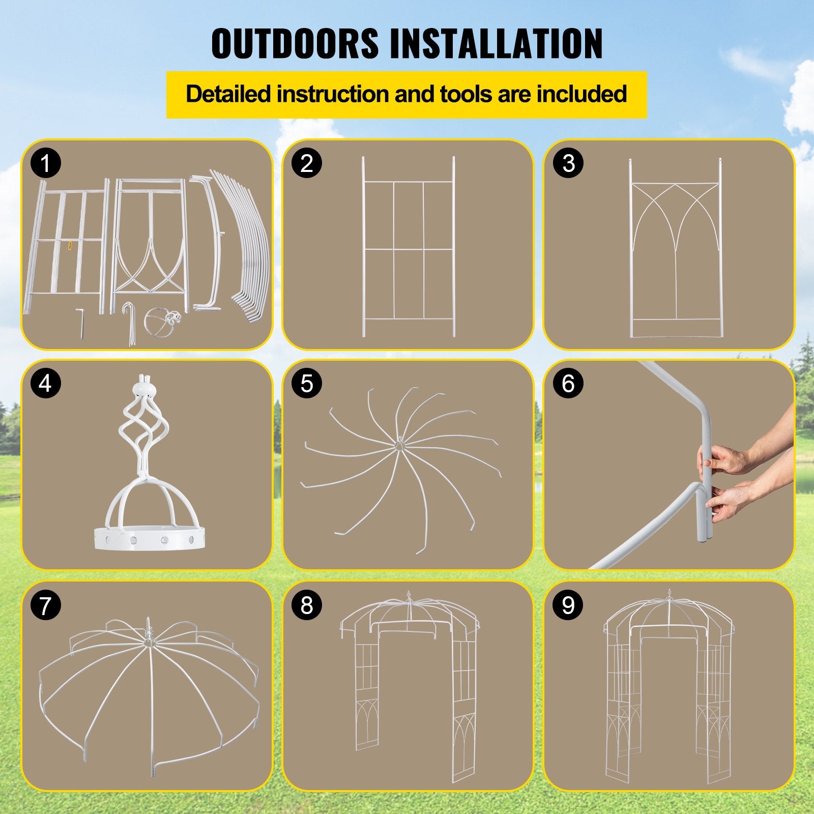 Birdcage Shape Garden Arbor, 9\' High x 6.6\' Wide, Heavy Duty Wrought Iron Arbor, Wedding Arch Trellis for Climbing Vines in Outdoor Garden, Lawn, Backyard, Patio, White