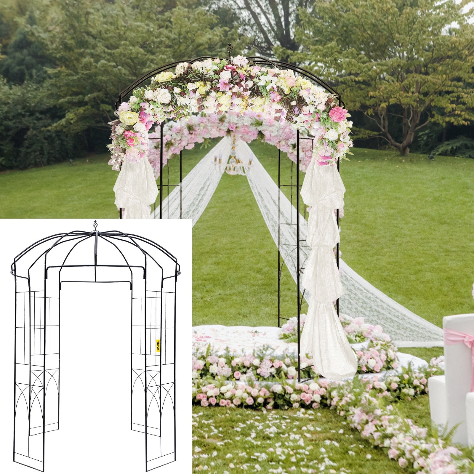 Birdcage Shape Garden Arbor, 2.44m High, 1.59m Wide, Heavy Duty Wrought Iron Arbor, Wedding Arch Trellis for Climbing Vines in Outdoor Garden, Backyard, Lawn, Patio, Black