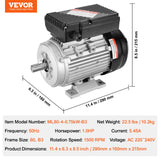 Basketball & Basketball Accessories: VEVOR 0.75KW Electric Motor 1400 rpm, AC 220~240V 5.45A, 80, B3 Frame, Air Compressor Motor Single Phase, 19mm Keyed Shaft, CW/CCW Rotation for Agricultural Machinery and General Equipment
