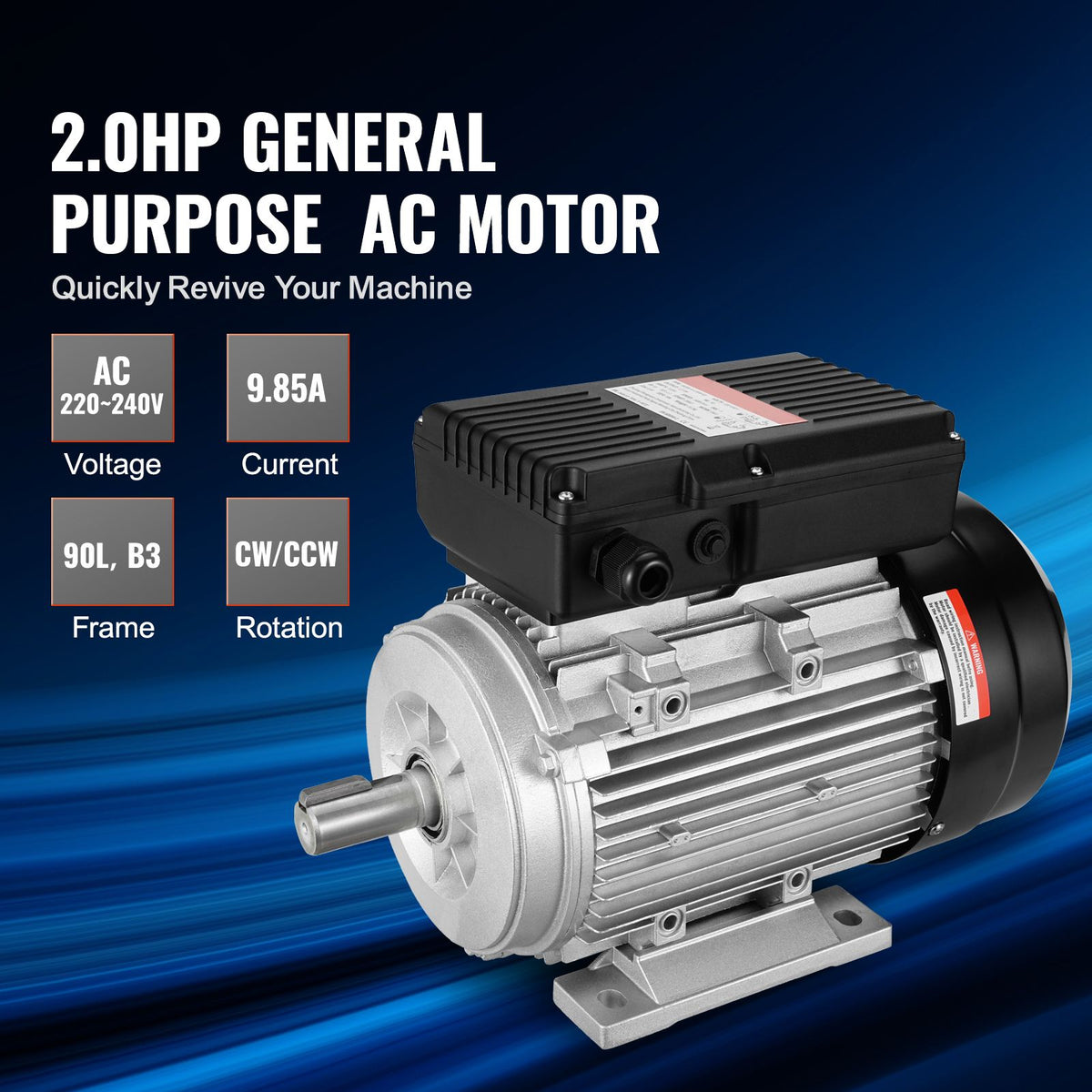 1.5KW Electric Motor 1400 rpm, AC 220~240V 9.85A, 90L, B3 Frame, Air Compressor Motor Single Phase, 24mm Keyed Shaft, CW/CCW Rotation for Agricultural Machinery and General Equipment
