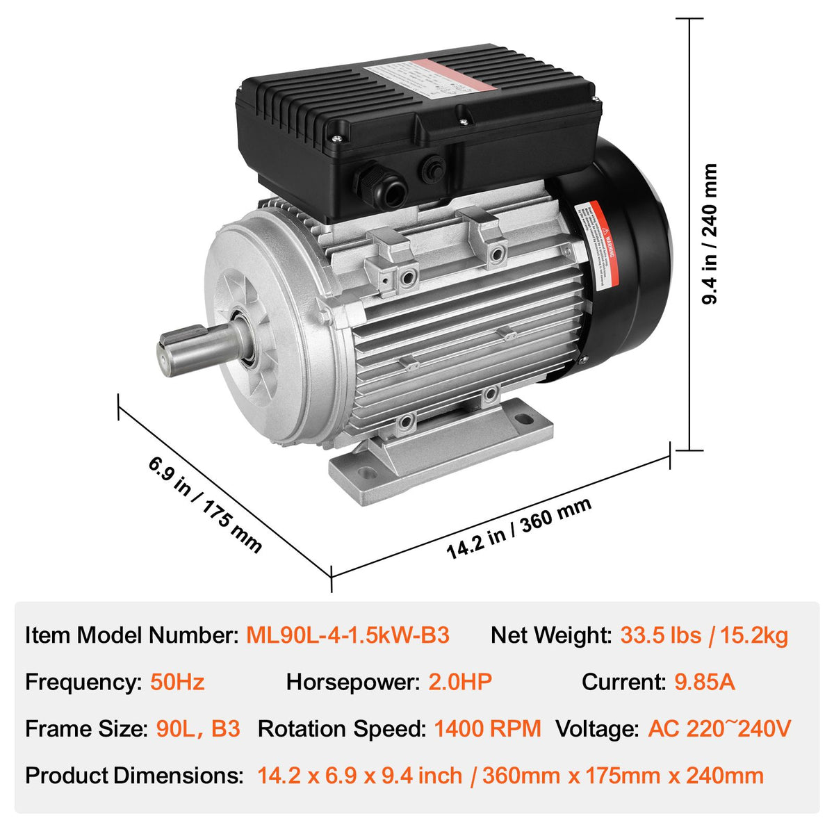 1.5KW Electric Motor 1400 rpm, AC 220~240V 9.85A, 90L, B3 Frame, Air Compressor Motor Single Phase, 24mm Keyed Shaft, CW/CCW Rotation for Agricultural Machinery and General Equipment