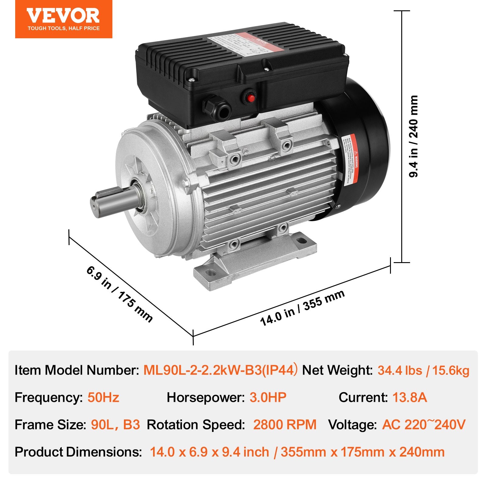 Basketball & Basketball Accessories: VEVOR 2.2KW Electric Motor 2800 rpm, AC 220~240V 13.8A, 90L, B3 Frame, Air Compressor Motor Single Phase, 24mm Keyed Shaft, CW/CCW Rotation for Agricultural Machinery and General Equipment