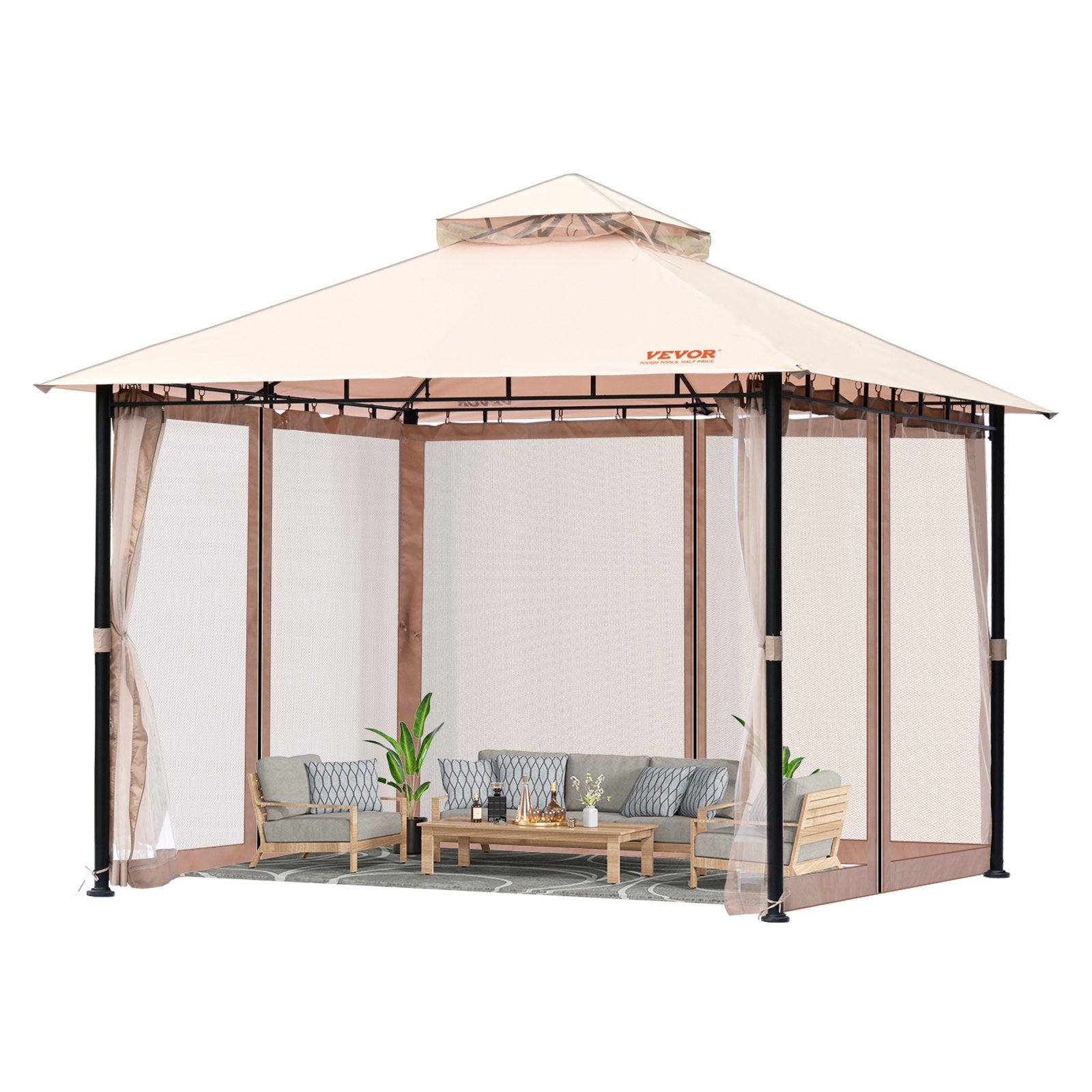 Patio Gazebo for 6-8 Person, 3.05 x 3.05 m Backyard Gazebo, with Mosquito Netting, Metal Frame, and PU Coated 180G Polyester, Outdoor Canopy Shelter for Patio, Backyard, Lawn, Garden, Deck