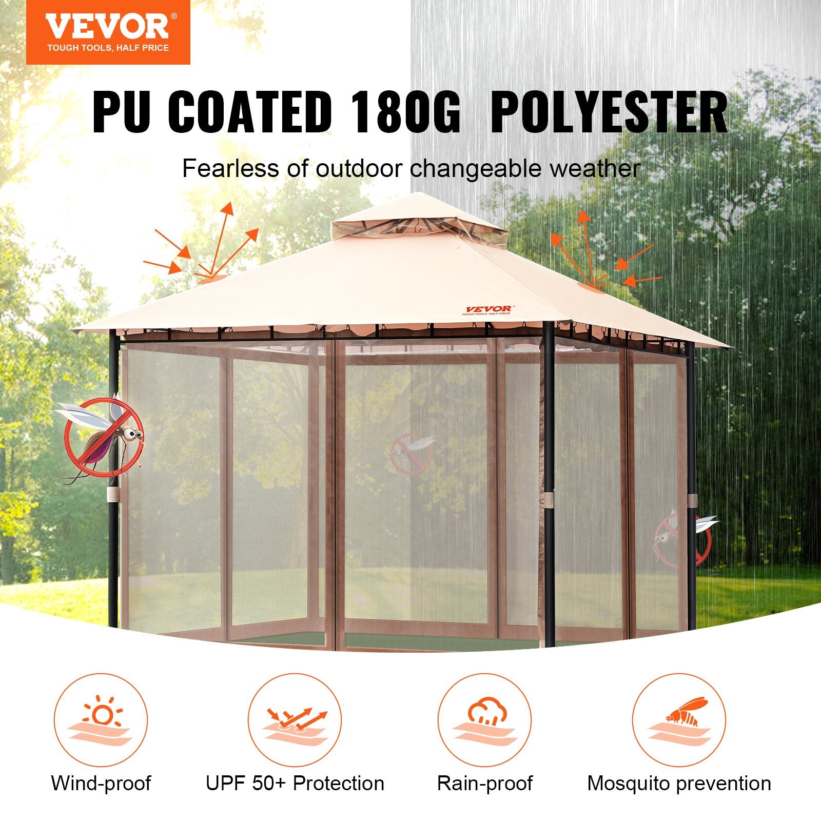 Patio Gazebo for 6-8 Person, 3.05 x 3.05 m Backyard Gazebo, with Mosquito Netting, Metal Frame, and PU Coated 180G Polyester, Outdoor Canopy Shelter for Patio, Backyard, Lawn, Garden, Deck
