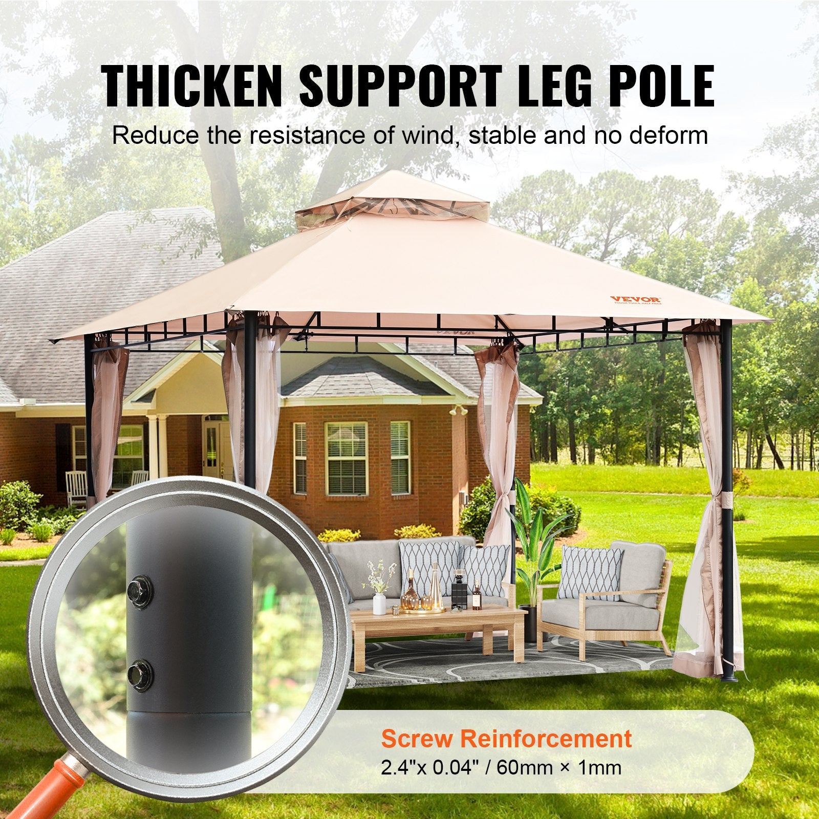 Patio Gazebo for 6-8 Person, 3.05 x 3.05 m Backyard Gazebo, with Mosquito Netting, Metal Frame, and PU Coated 180G Polyester, Outdoor Canopy Shelter for Patio, Backyard, Lawn, Garden, Deck