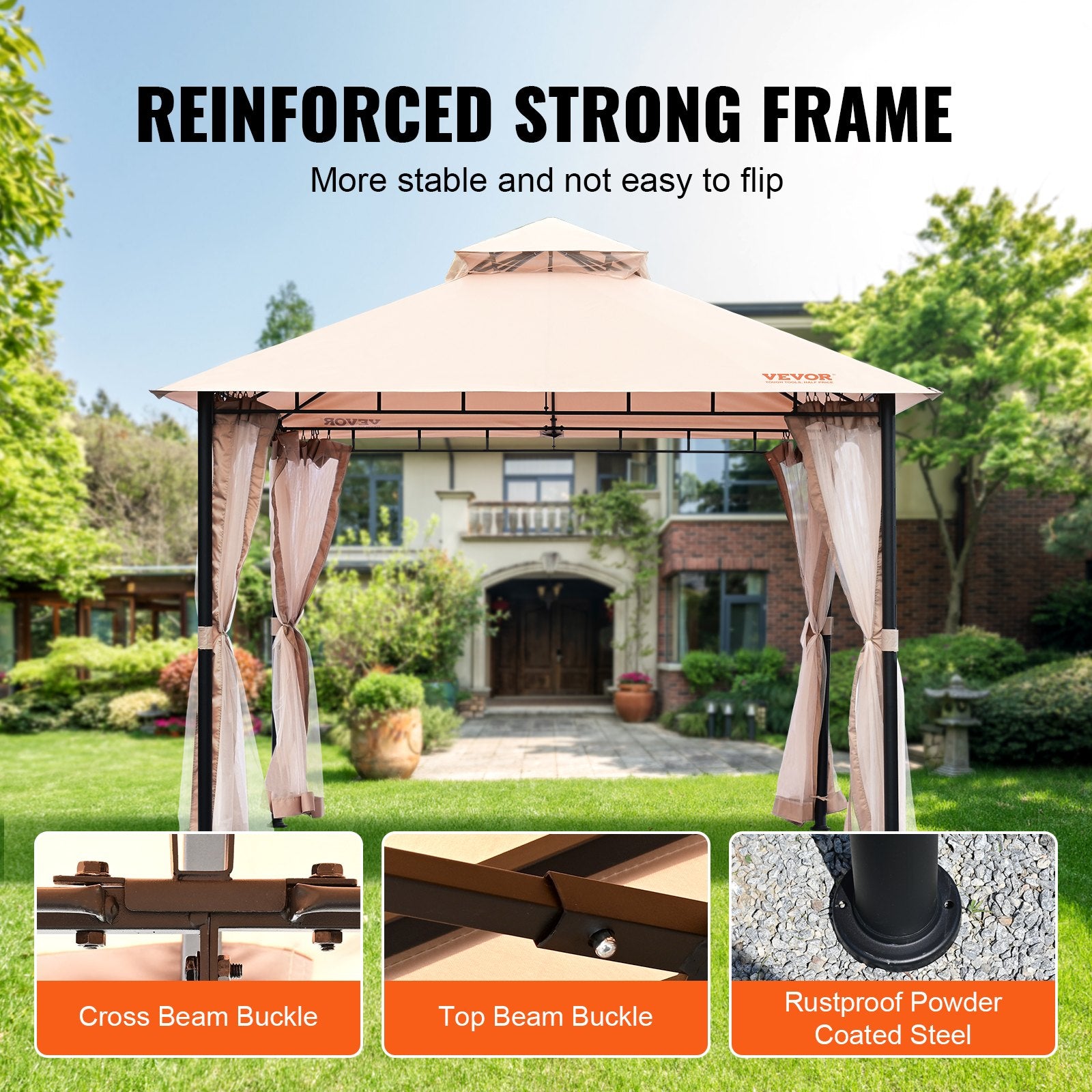 Patio Gazebo for 6-8 Person, 3.05 x 3.05 m Backyard Gazebo, with Mosquito Netting, Metal Frame, and PU Coated 180G Polyester, Outdoor Canopy Shelter for Patio, Backyard, Lawn, Garden, Deck