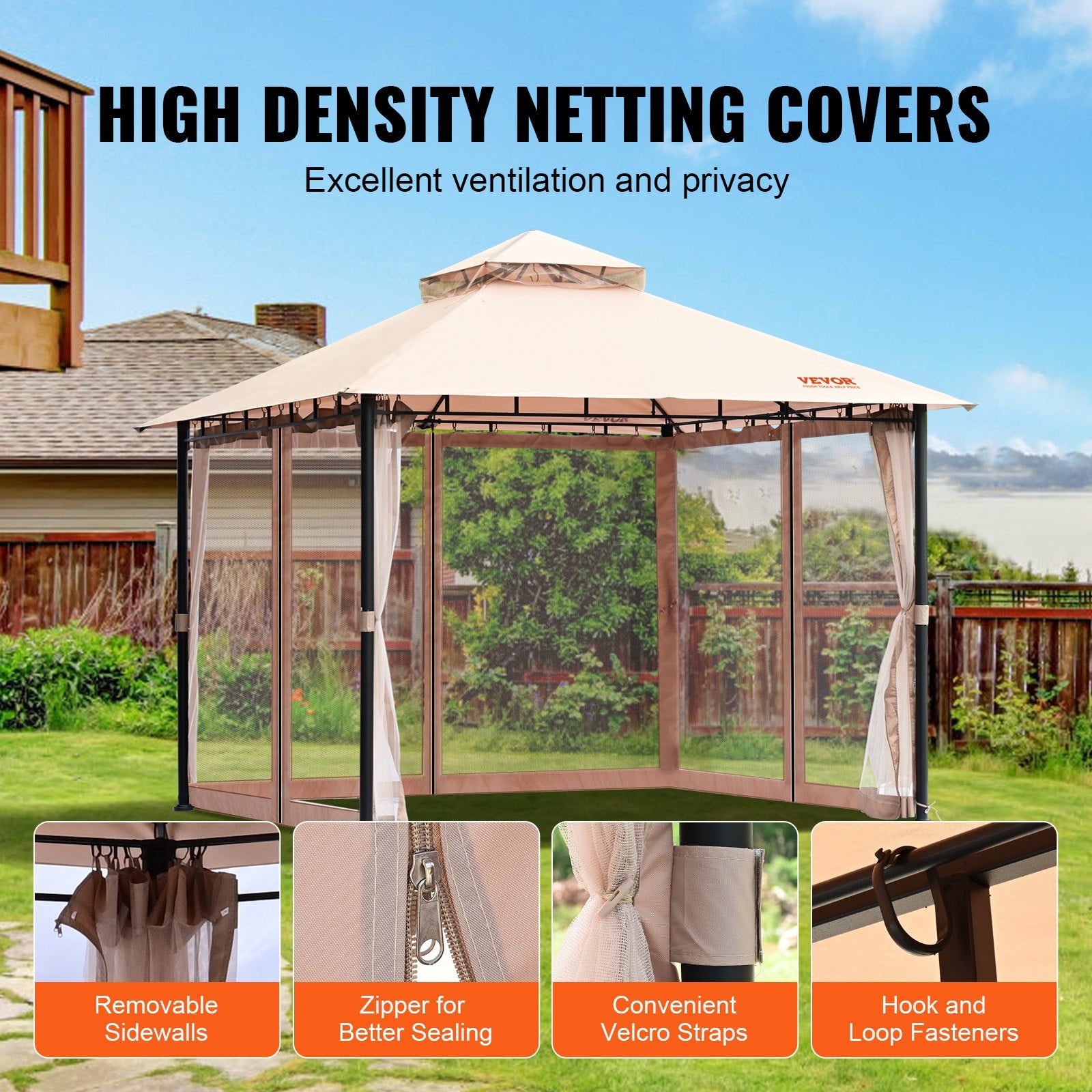 Patio Gazebo for 6-8 Person, 3.05 x 3.05 m Backyard Gazebo, with Mosquito Netting, Metal Frame, and PU Coated 180G Polyester, Outdoor Canopy Shelter for Patio, Backyard, Lawn, Garden, Deck