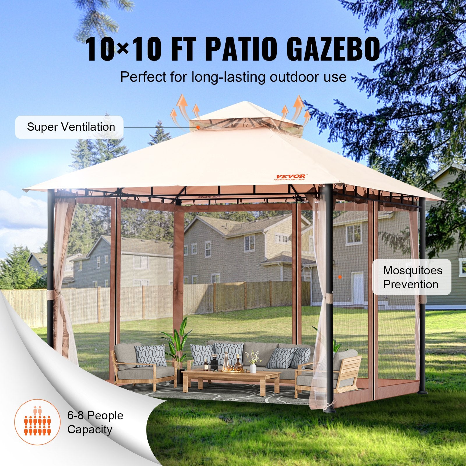 Patio Gazebo for 6-8 Person, 3.05 x 3.05 m Backyard Gazebo, with Mosquito Netting, Metal Frame, and PU Coated 180G Polyester, Outdoor Canopy Shelter for Patio, Backyard, Lawn, Garden, Deck
