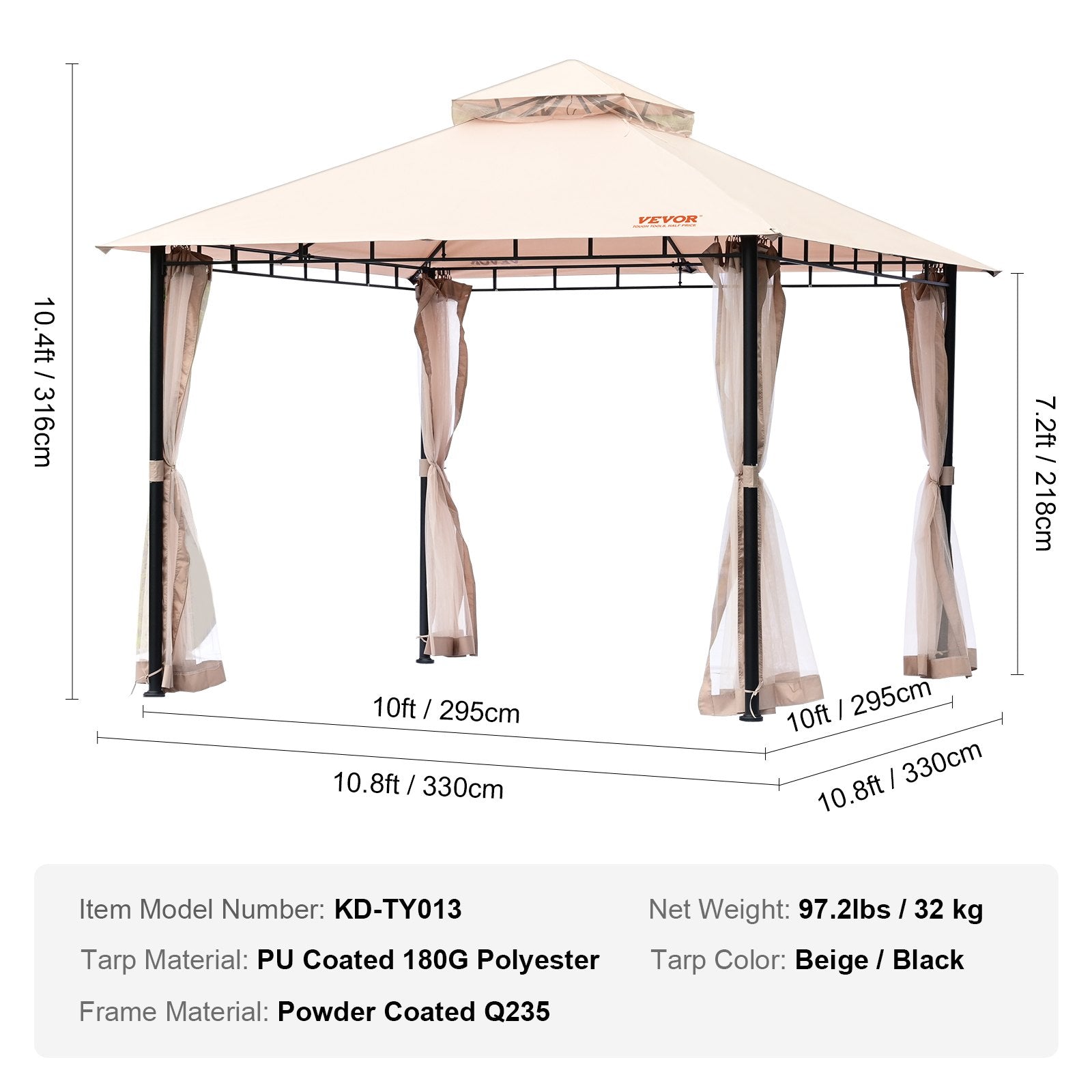 Patio Gazebo for 6-8 Person, 3.05 x 3.05 m Backyard Gazebo, with Mosquito Netting, Metal Frame, and PU Coated 180G Polyester, Outdoor Canopy Shelter for Patio, Backyard, Lawn, Garden, Deck