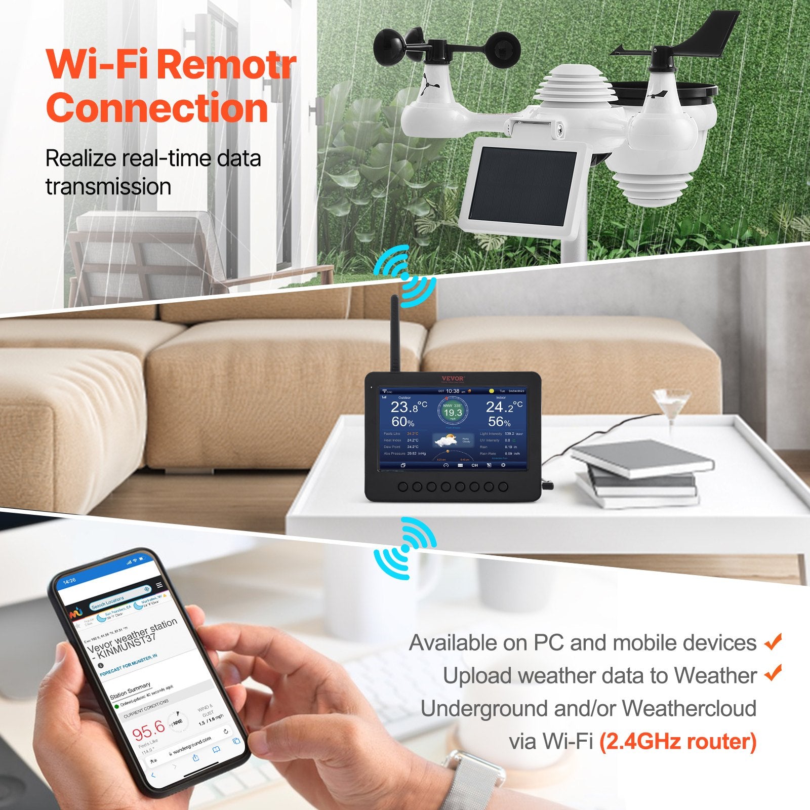 Gardening Tools: VEVOR 7-in-1 Wi-Fi Weather Station 177.8 mm TFT Display Wireless Outdoor Sensor