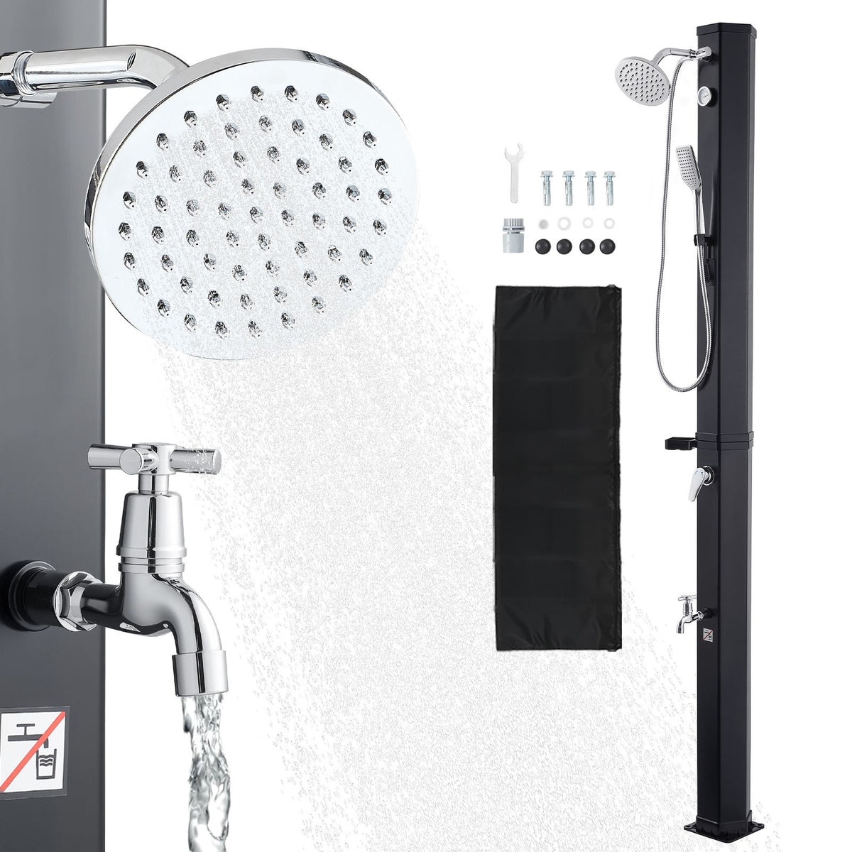 40L Solar Heated Shower, 205cm Showerhead Height Outdoor Shower, with Handheld & Foot Faucet, Hot & Cold Water Adjustment, Freestanding for Backyard Poolside Beach Pool, Black