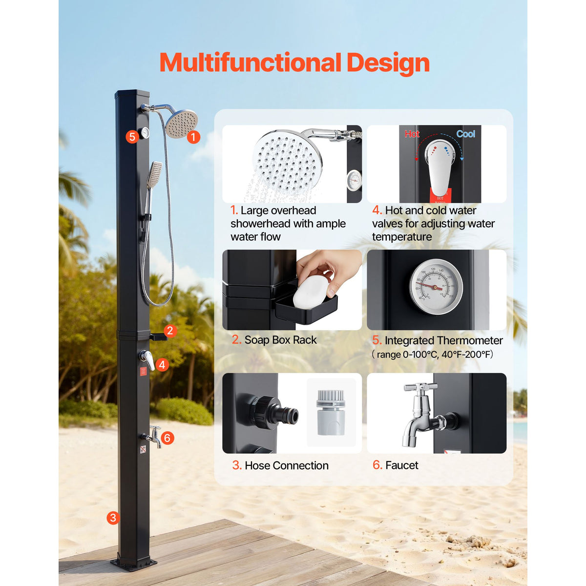40L Solar Heated Shower, 205cm Showerhead Height Outdoor Shower, with Handheld & Foot Faucet, Hot & Cold Water Adjustment, Freestanding for Backyard Poolside Beach Pool, Black
