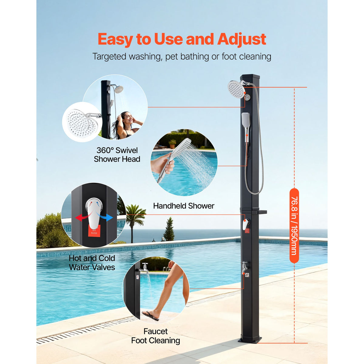 40L Solar Heated Shower, 205cm Showerhead Height Outdoor Shower, with Handheld & Foot Faucet, Hot & Cold Water Adjustment, Freestanding for Backyard Poolside Beach Pool, Black